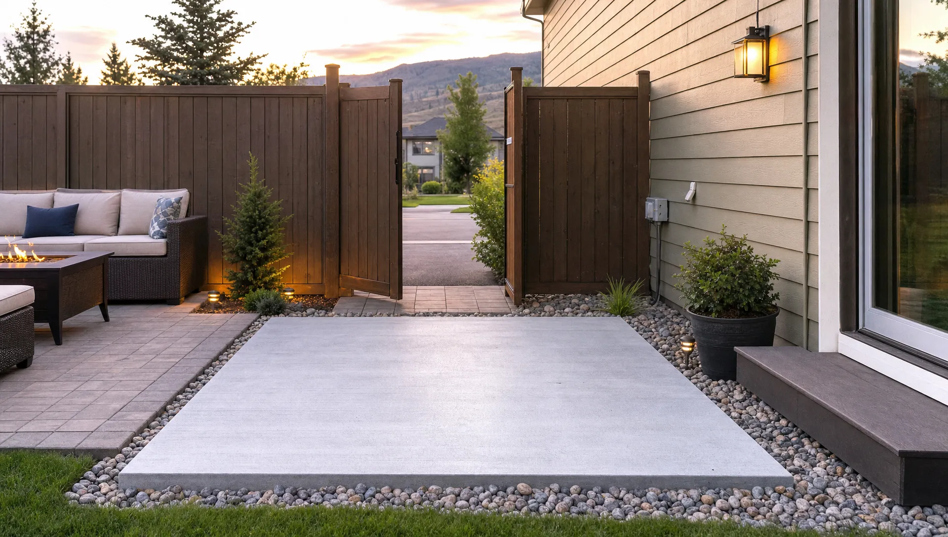 A backyard patio prepared for a hot tub installation with a level concrete pad, open gate access, and nearby outdoor seating.