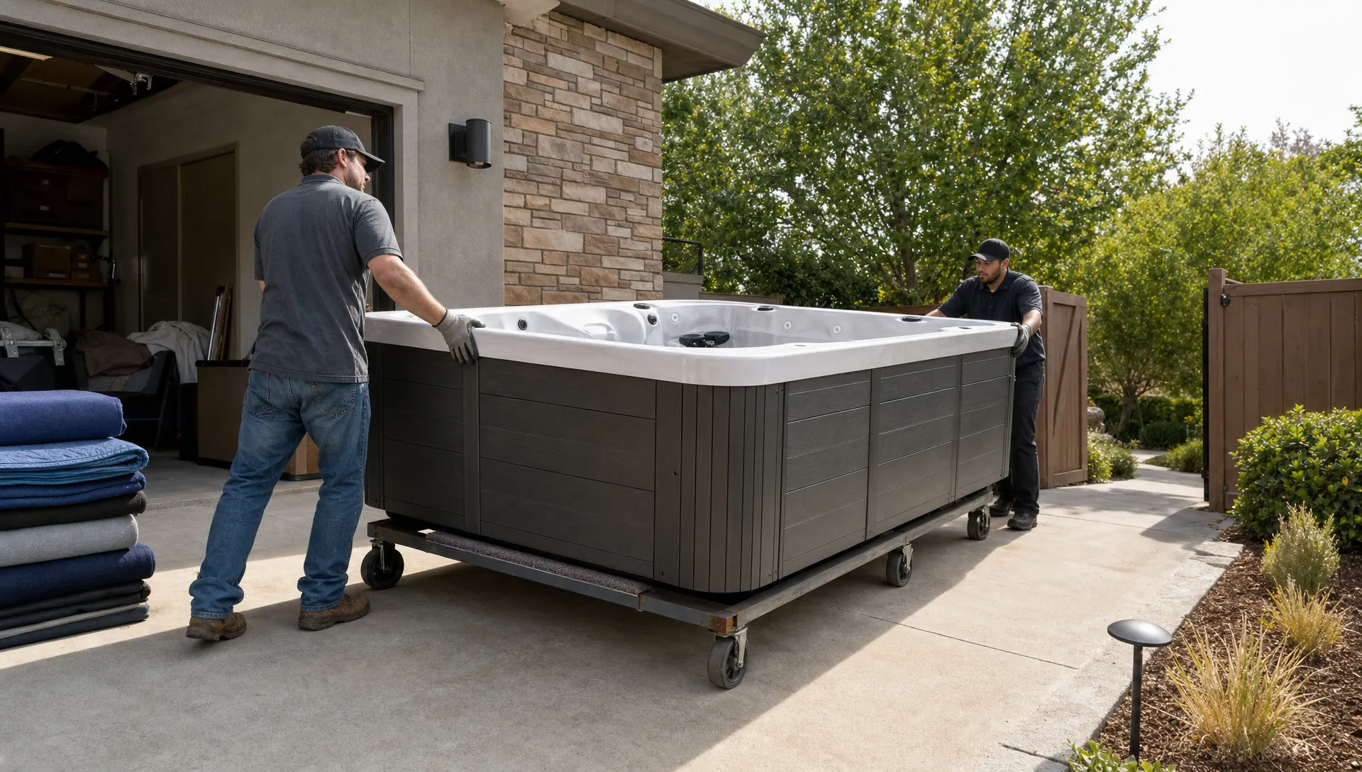 How to Choose the Right Hot Tub Store Online — Wellness | Hearthside Supply LLC Blog A hot tub is being delivered at a home with workers guiding it toward the backyard.