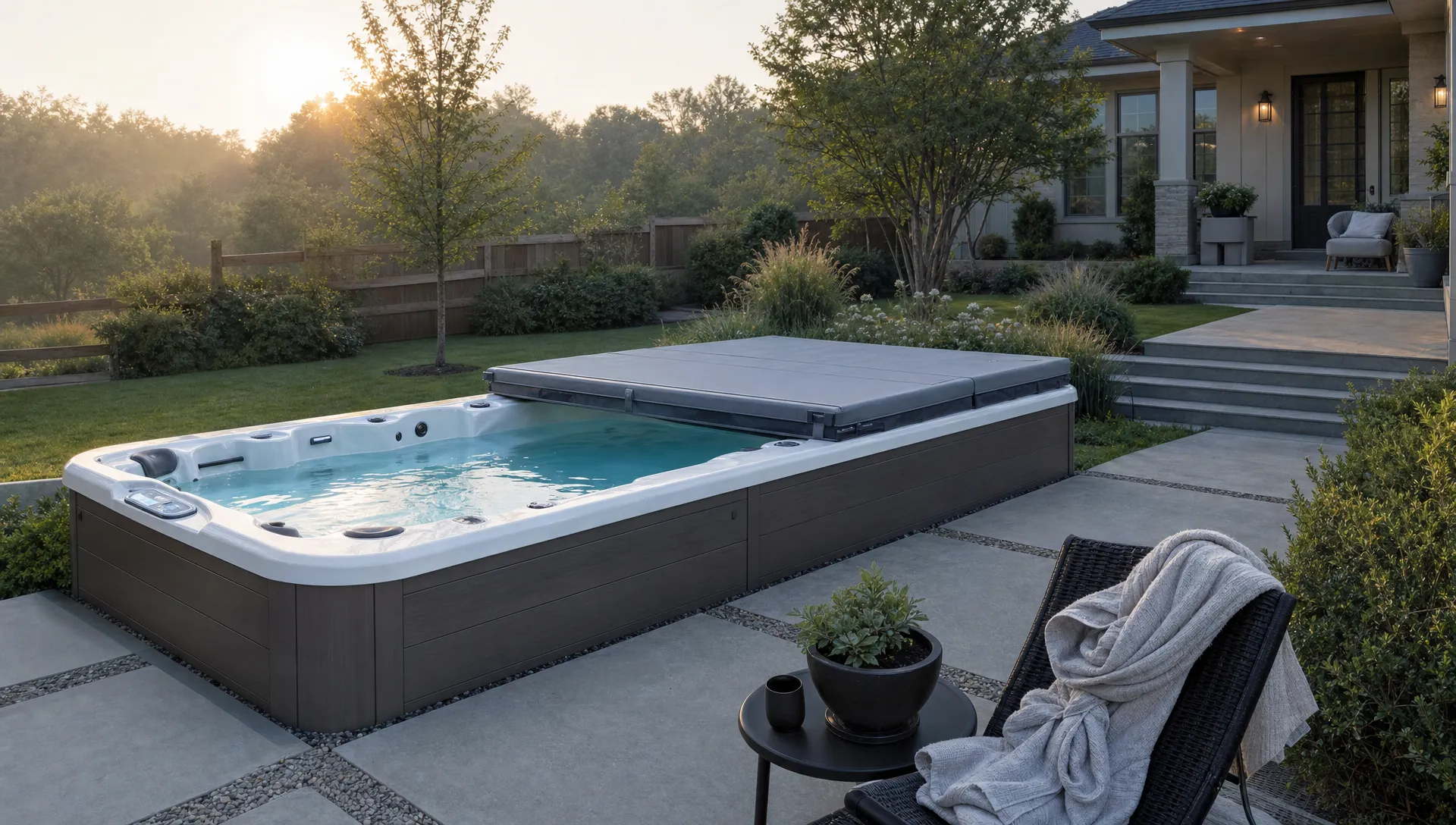 A dual-zone swim spa sits in a backyard retreat, with one chamber covered and the other ready for use.