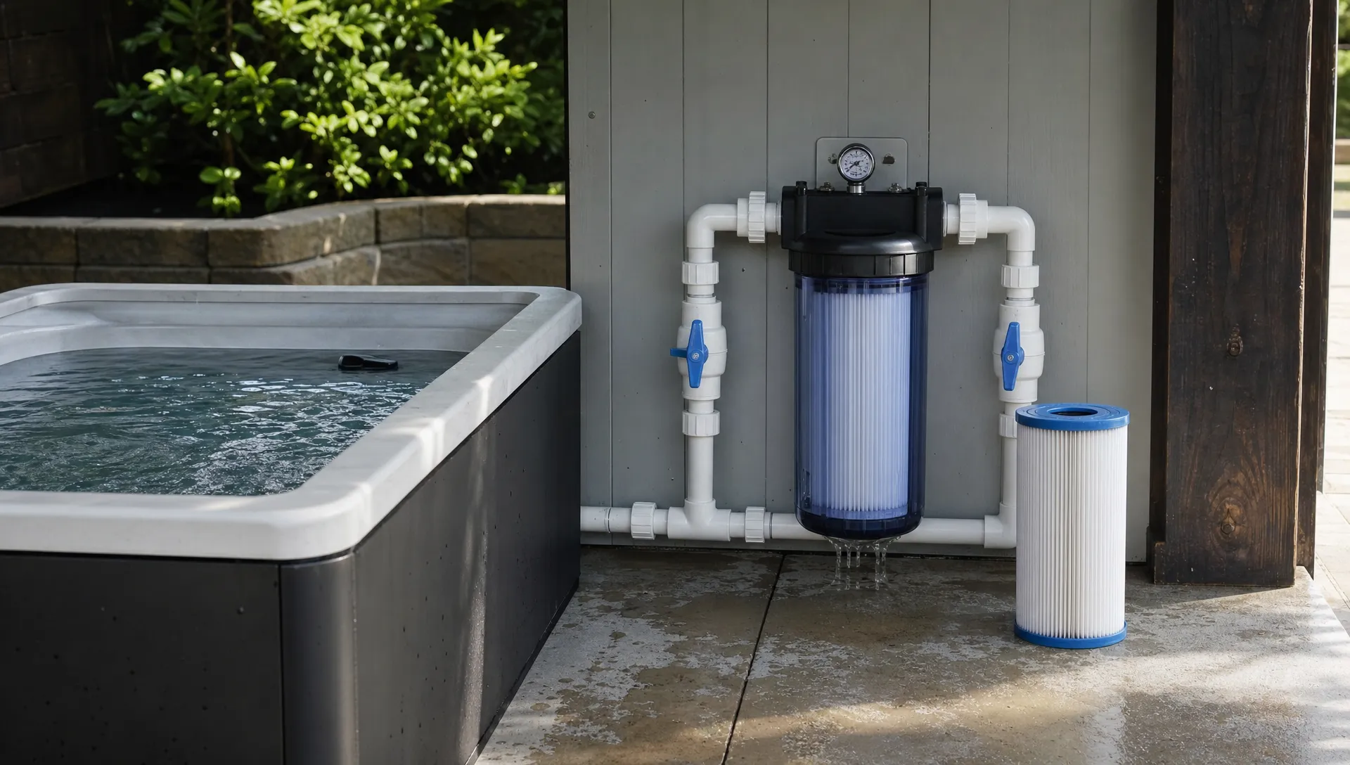 Accessible cold plunge filtration equipment beside a home plunge, with a cartridge housing, isolation valves, and a spare pleated filter ready for maintenance.