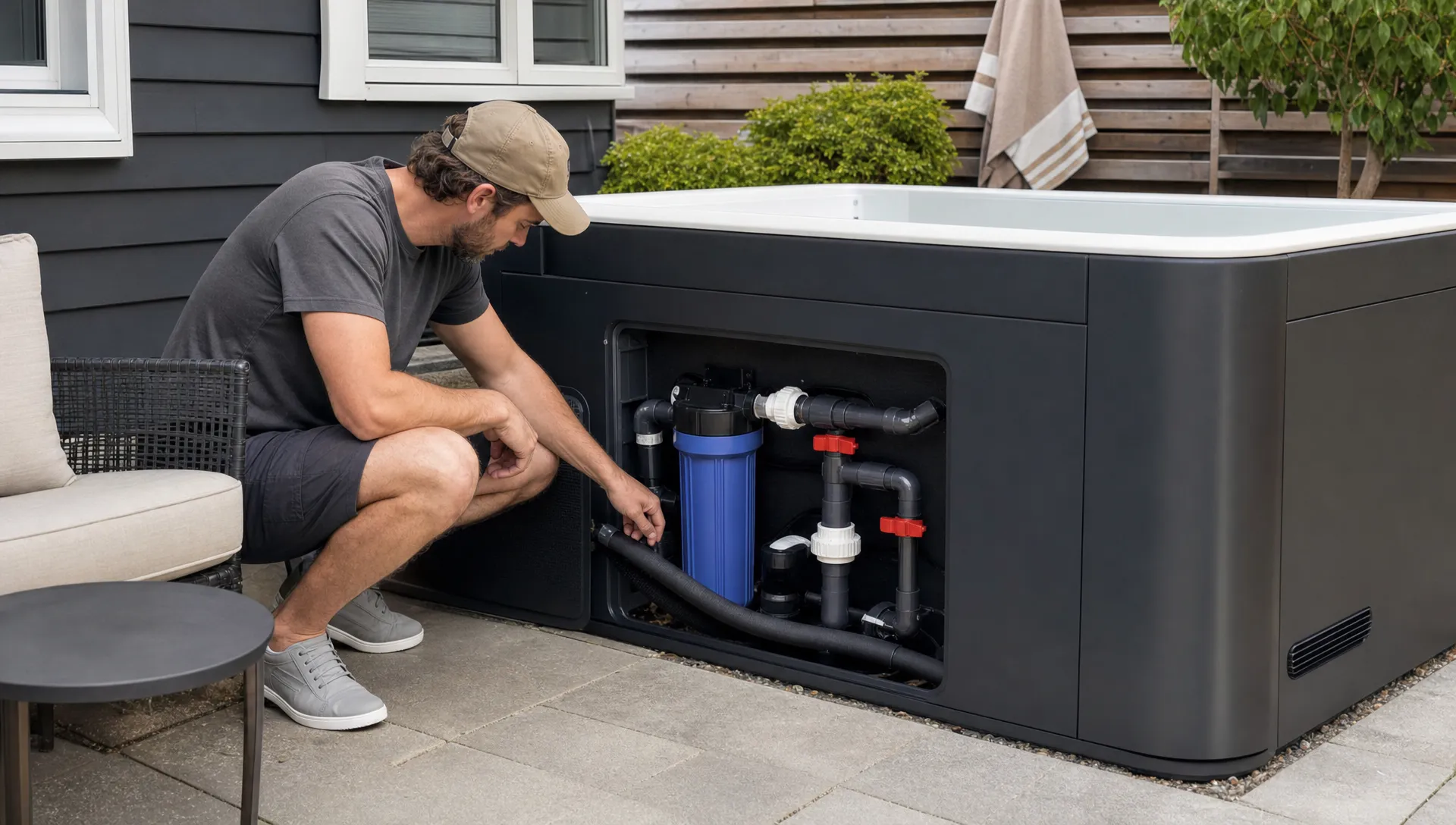 An open cold plunge service bay shows the filter housing, valves, and hoses beside a patio-installed tub.