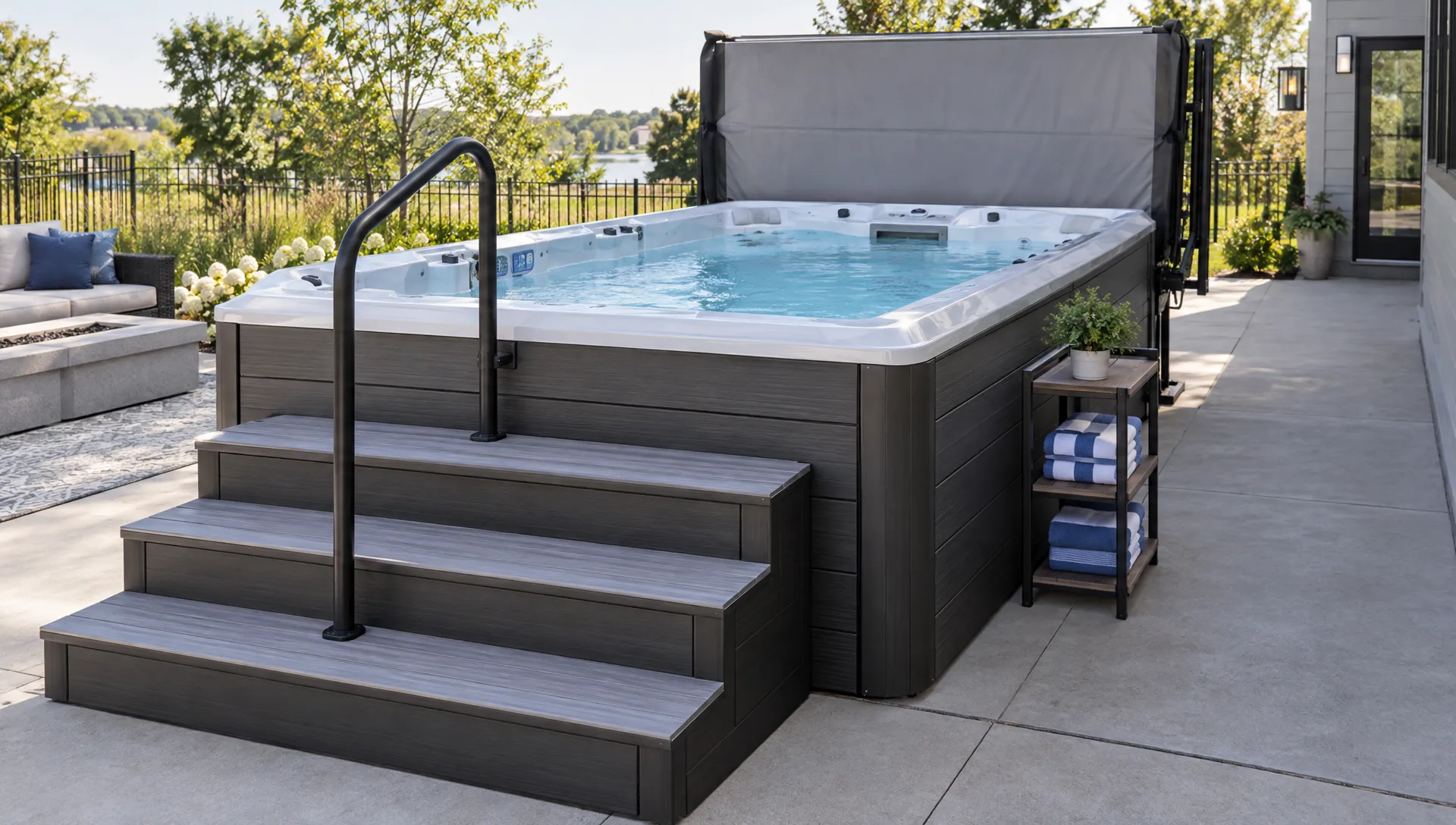 An outdoor swim spa with its sectional cover raised on a lifter, broad entry steps, a fixed handrail, and a towel shelf beside a clear walkway.
