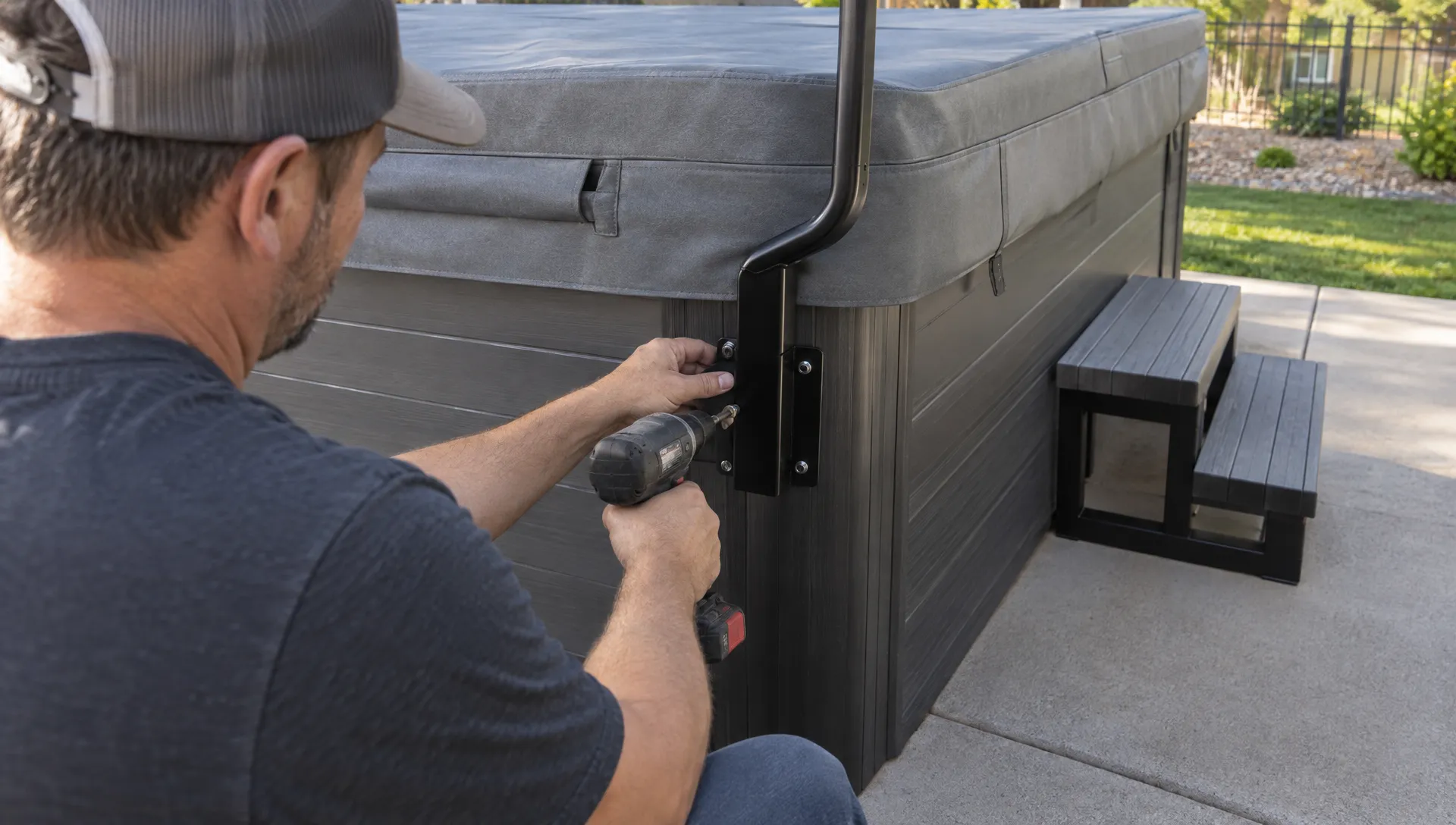 Hands fasten a cover-lifter bracket to a swim spa cabinet beside its fitted sectional cover.