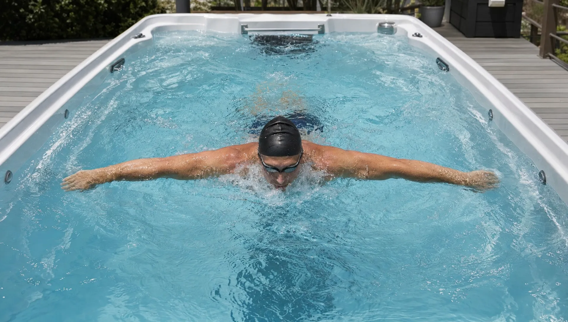 A swimmer practices breaststroke in a swim spa with arms spread wide and clear room beside the hands and feet.