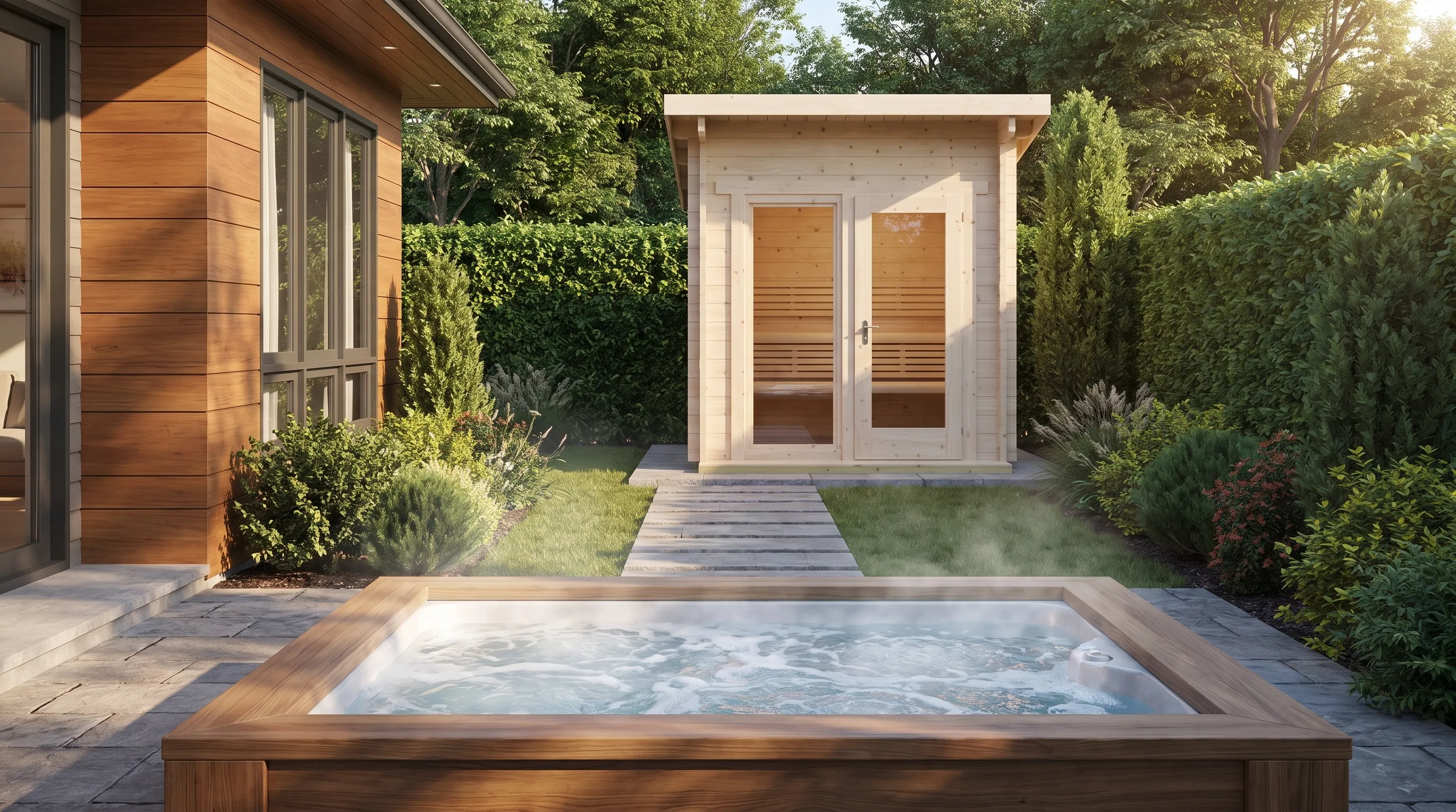 A hot tub and outdoor sauna share a landscaped backyard wellness space beside a contemporary home.