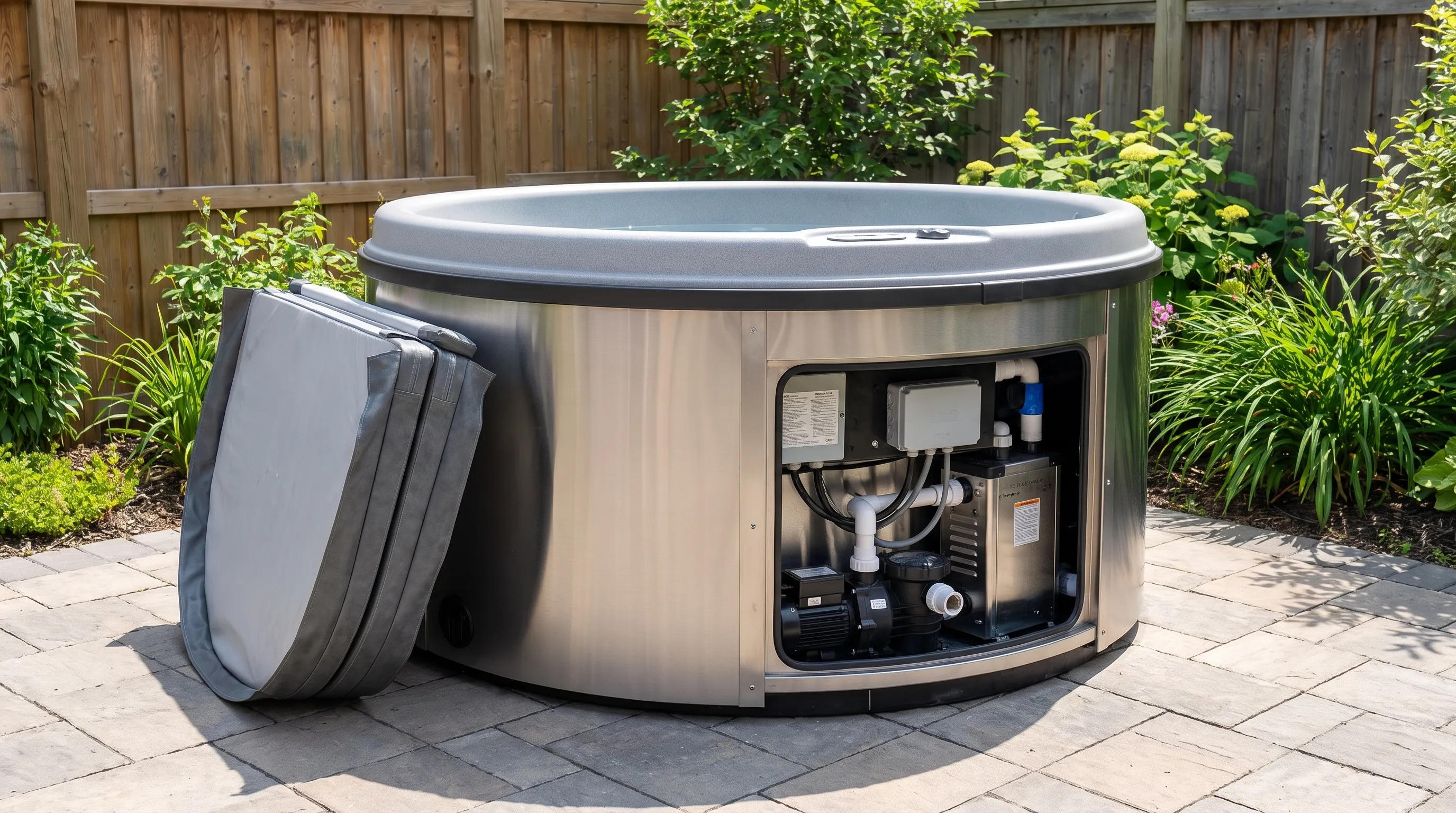 A stainless steel hot tub on a level backyard patio with the cover folded beside it and the equipment compartment accessible.