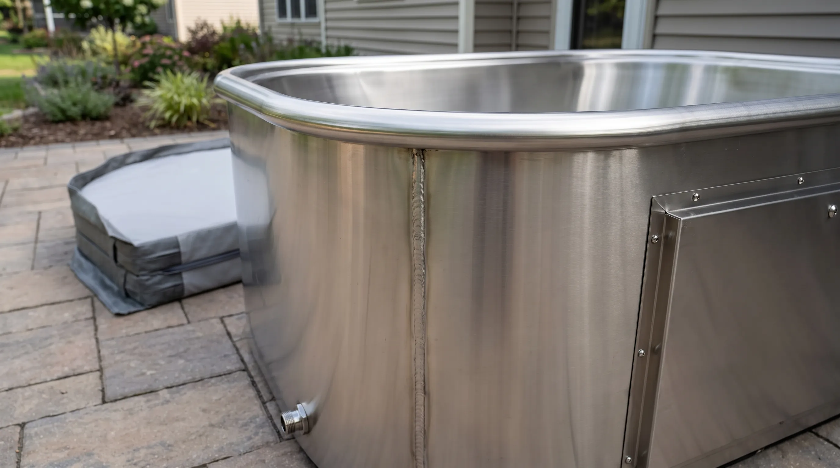 A stainless steel hot tub corner on a patio shows welded seams, a drain fitting, and the nearby insulated cover.