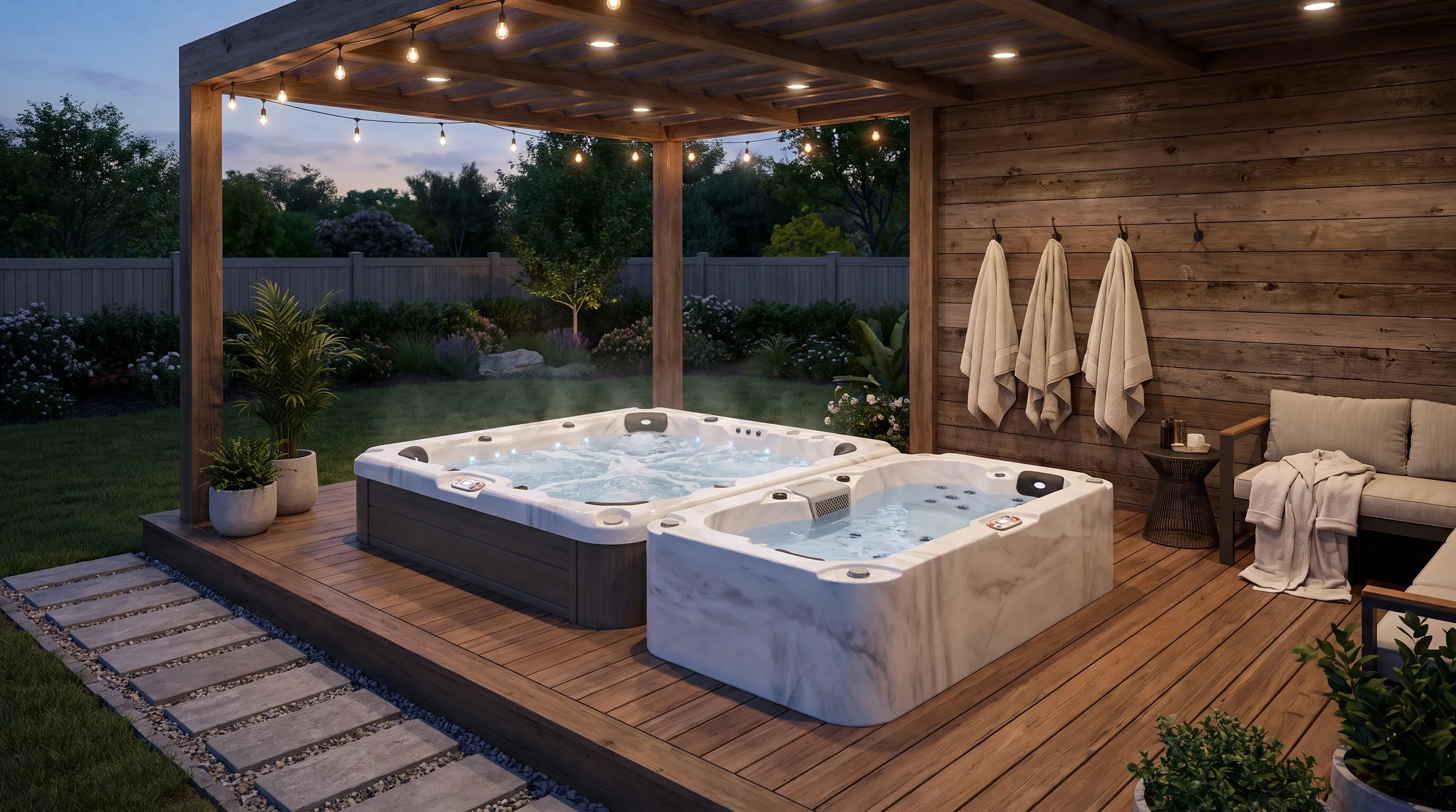 A covered backyard wellness area with a cold plunge tub beside a warm spa, clean decking, towel hooks, soft outdoor lighting, and a nearby seating area for recovery.