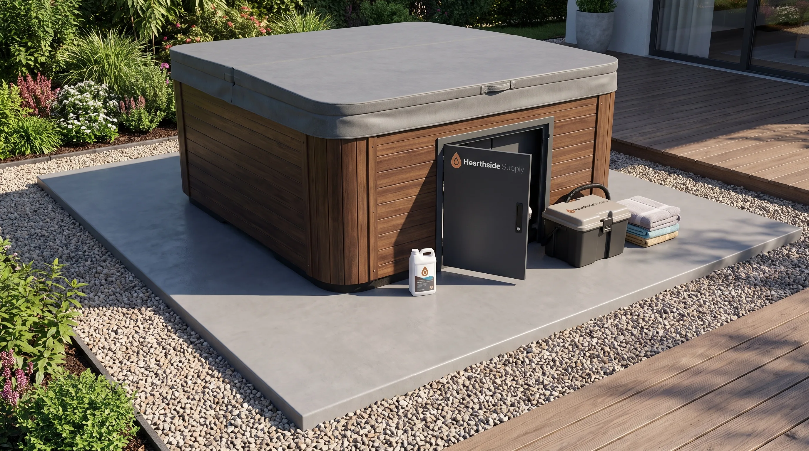 A completed concrete slab supports an outdoor spa, with gravel around the edges and space beside the equipment access panel.