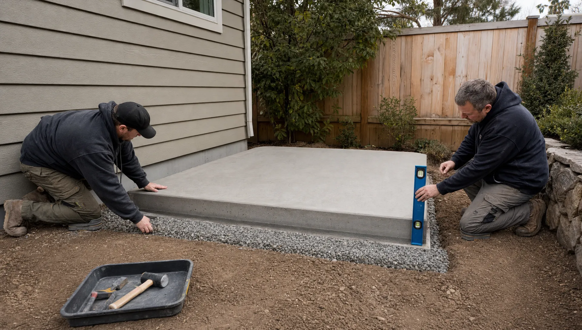 How to Build a Hot Tub Base That Supports Your Spa — Wellness | Hearthside Supply LLC Blog Two contractors check a hot tub base with a level beside a prepared backyard foundation.