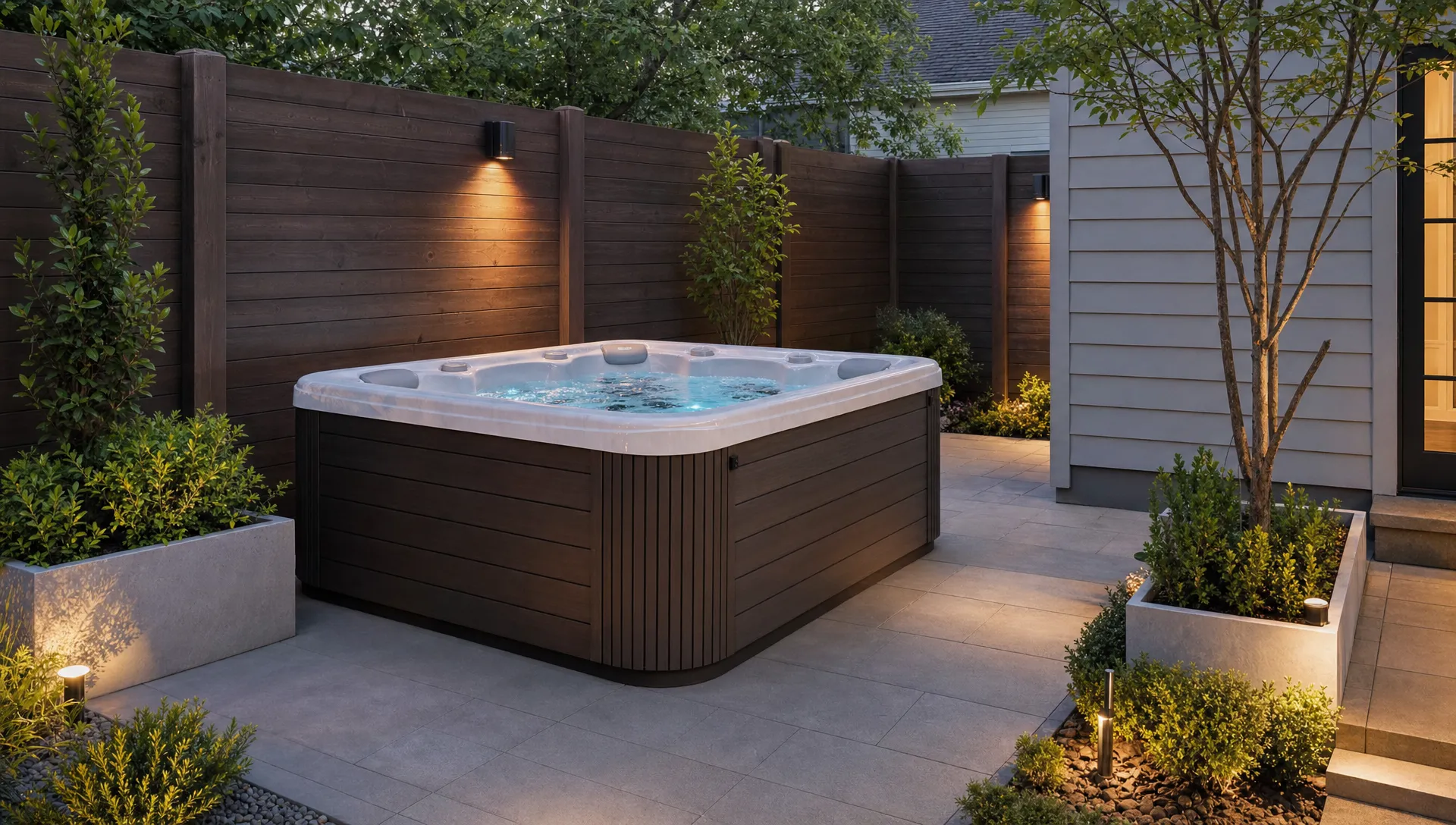 A compact square hot tub sits beside a privacy fence on a small patio, with pavers, low planters, and a clear walking path for safe entry.