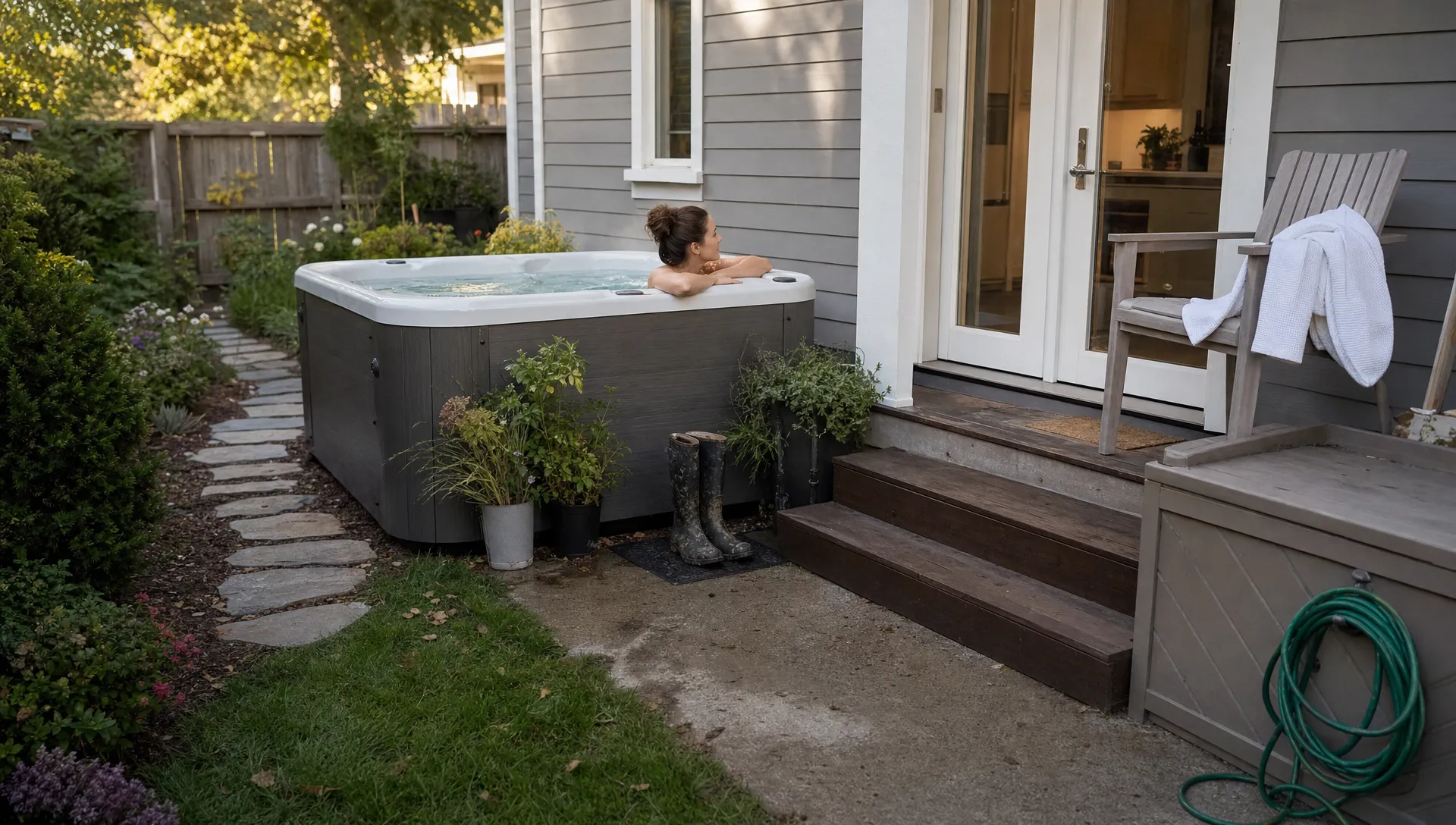 A compact hot tub sits near a deck door in an ordinary backyard with a robe, boots, planters, and a coiled hose nearby.