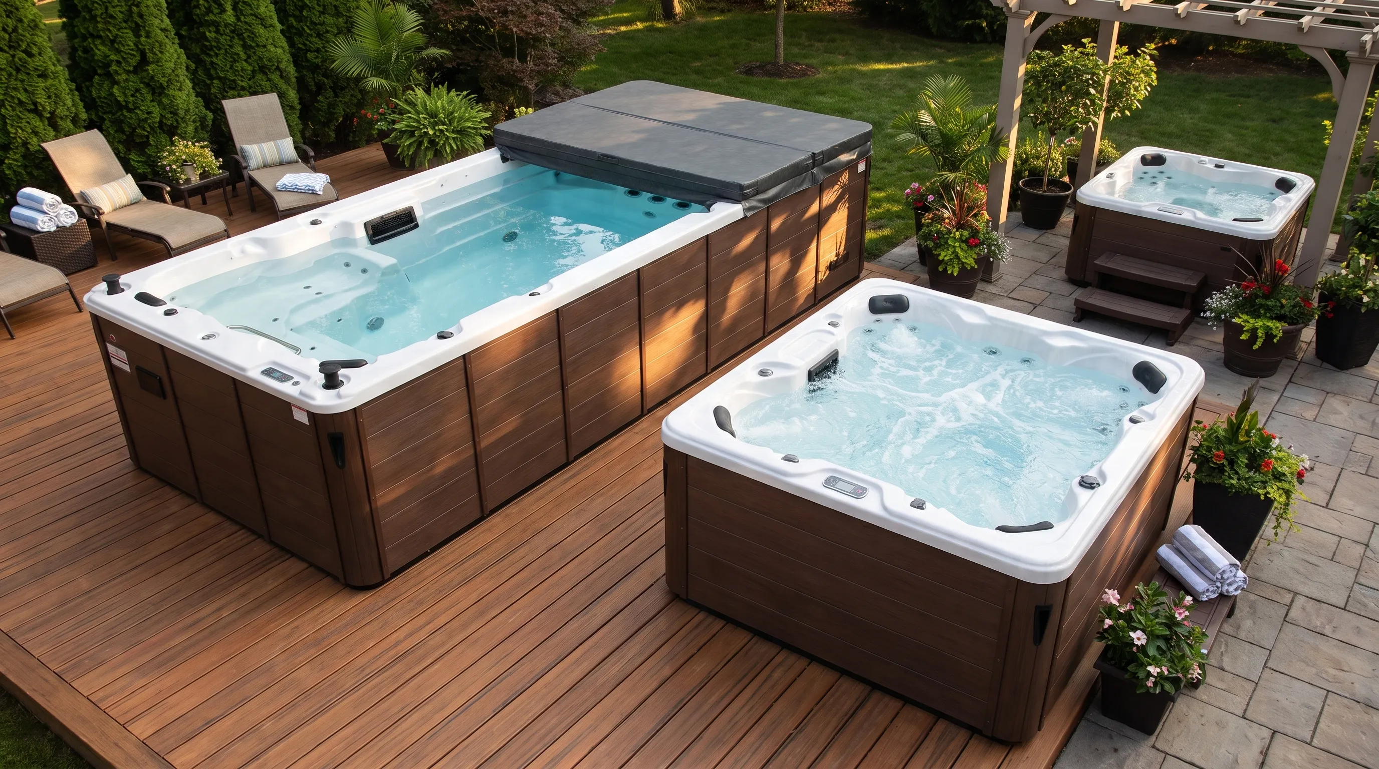 A backyard wellness area with a compact spa, a larger hot tub, and a swim spa shows different hot tub options for different spaces.