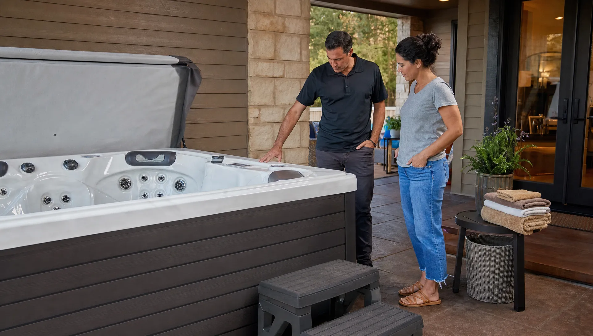 Two adults compare a hot tub on a covered patio while looking at seating depth and layout.