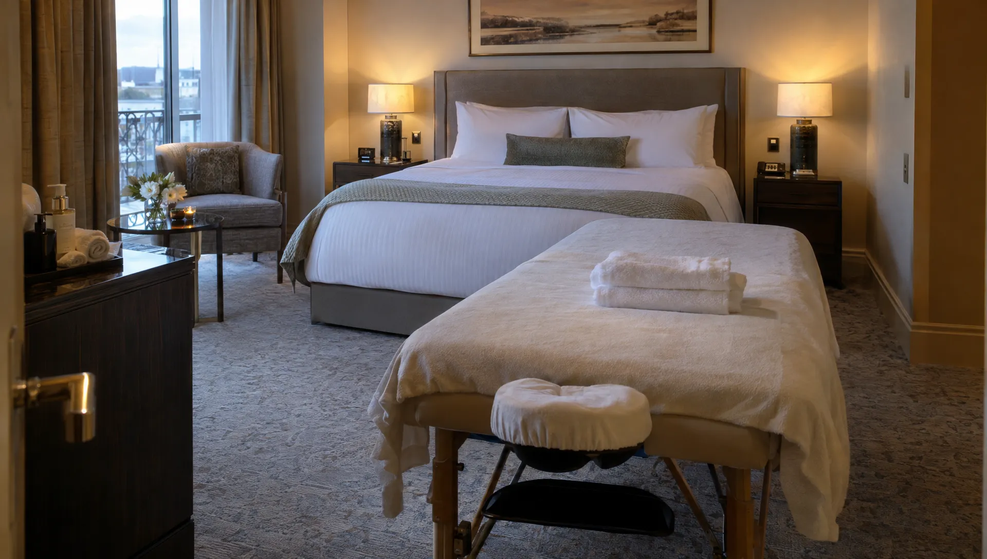 A hotel bedroom prepared for an in-room massage, with a made bed, folded towels and an unobstructed path from the doorway to the bedside.