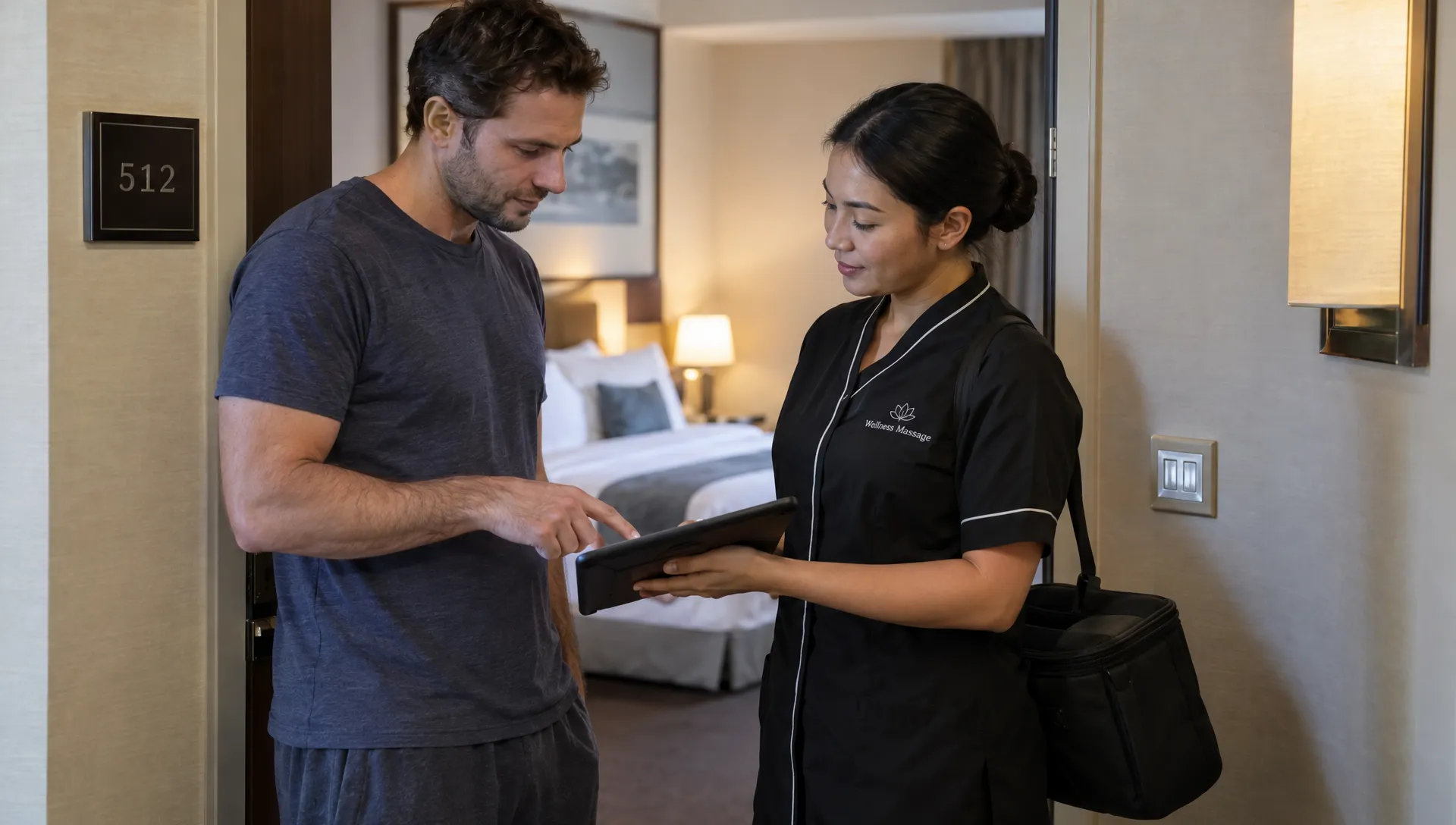 A hotel guest and visiting massage therapist check the appointment details beside the room entrance, with a neatly made bed visible inside.