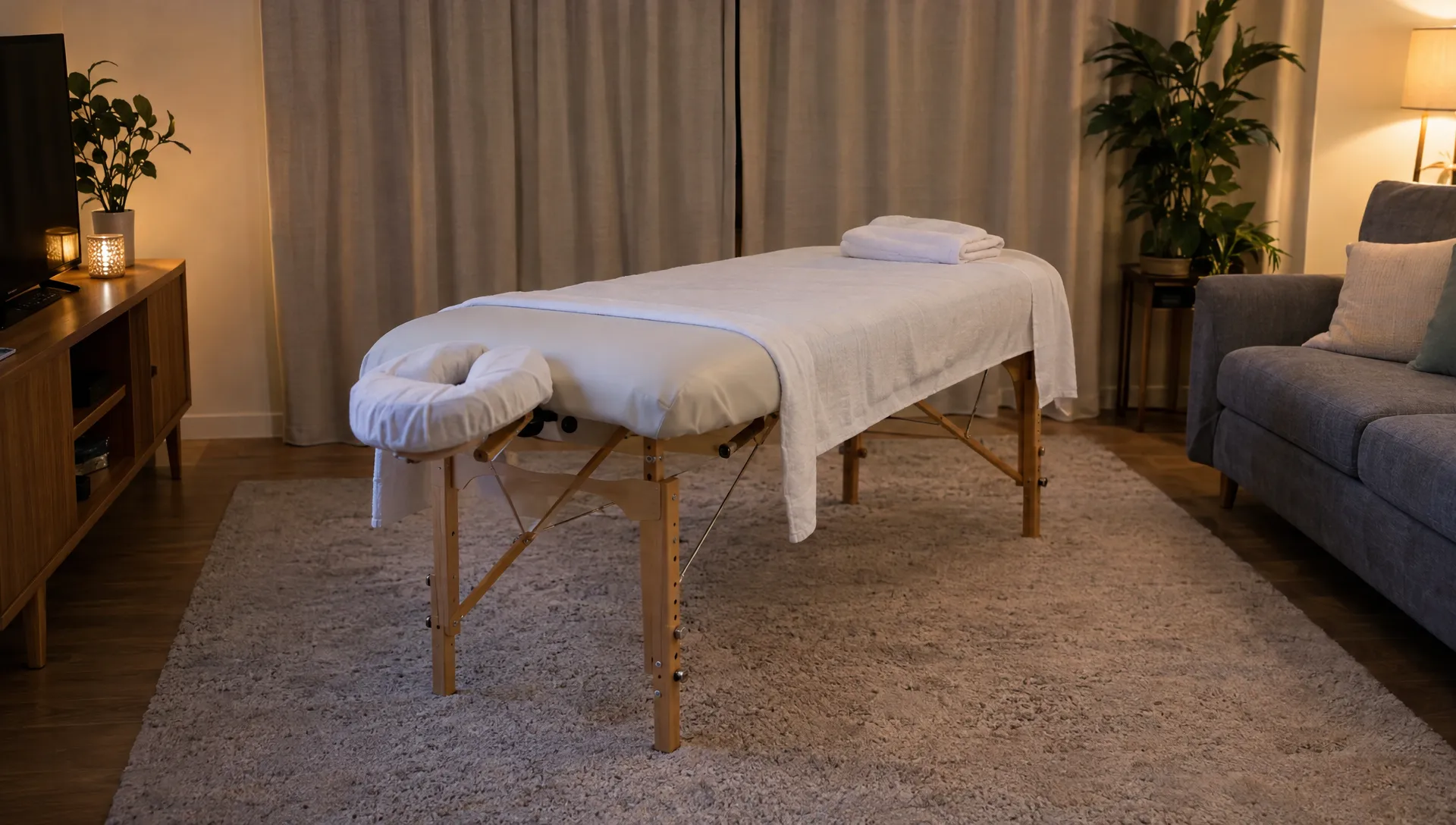 A massage table with clean towels sits in a living room, with curtains closed and a clear route around it for an at-home treatment.