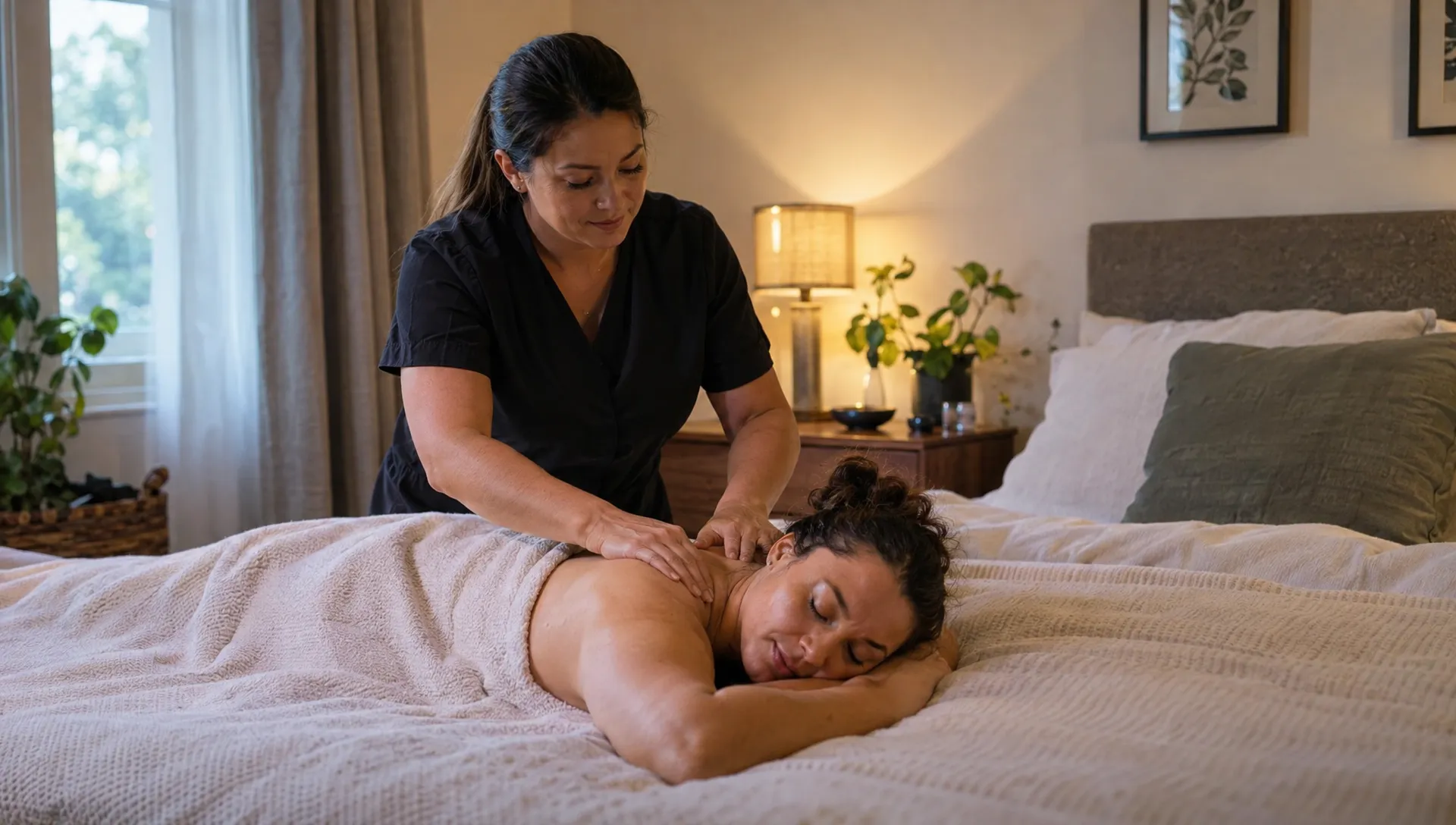 A therapist applies gentle pressure to a comfortably covered client’s shoulders during a holistic massage on a bed in a quiet home bedroom.