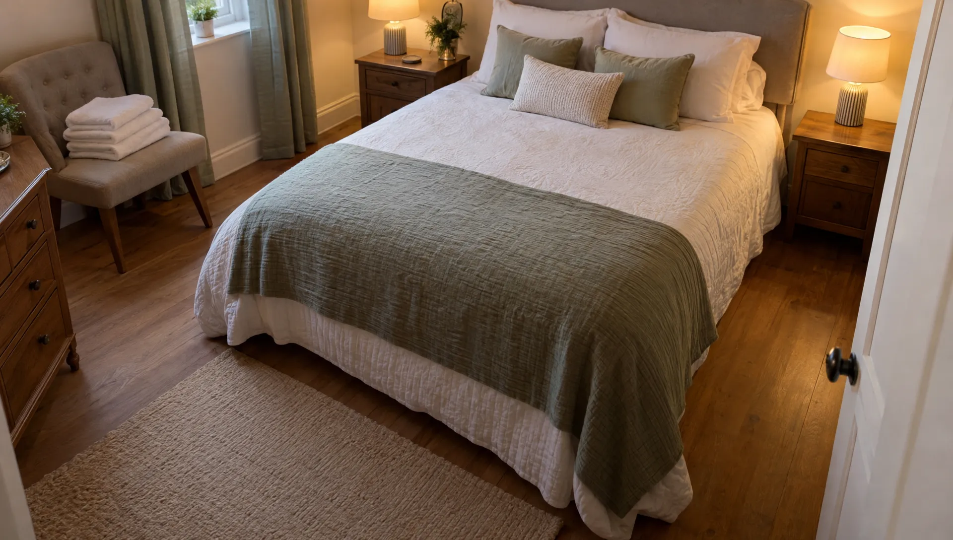 A neatly made bed and folded towels leave clear space for an on demand massage in a home bedroom.