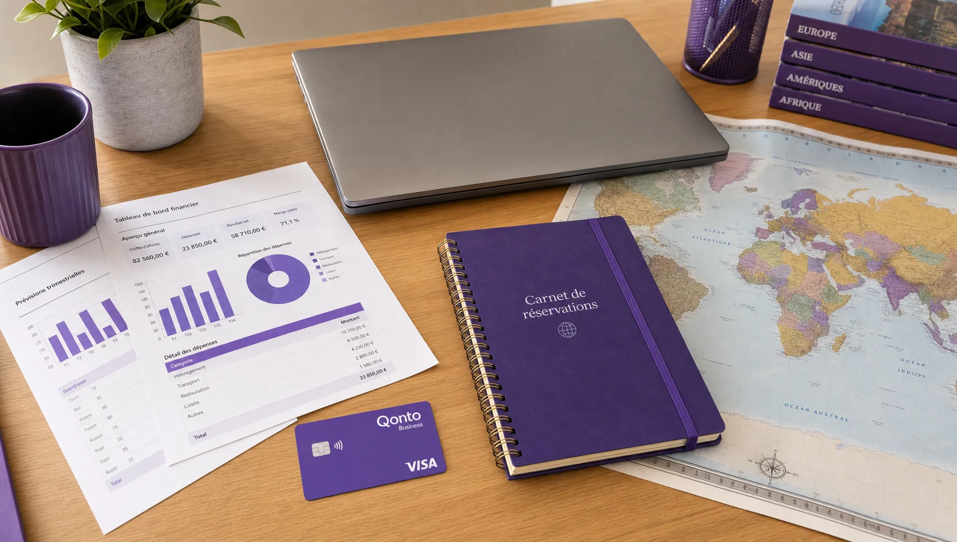 Une table de travail vue en trois-quarts avec des documents financiers, une carte bancaire professionnelle, un ordinateur portable fermé, un carnet de réservations et une carte du monde étalée à côté.