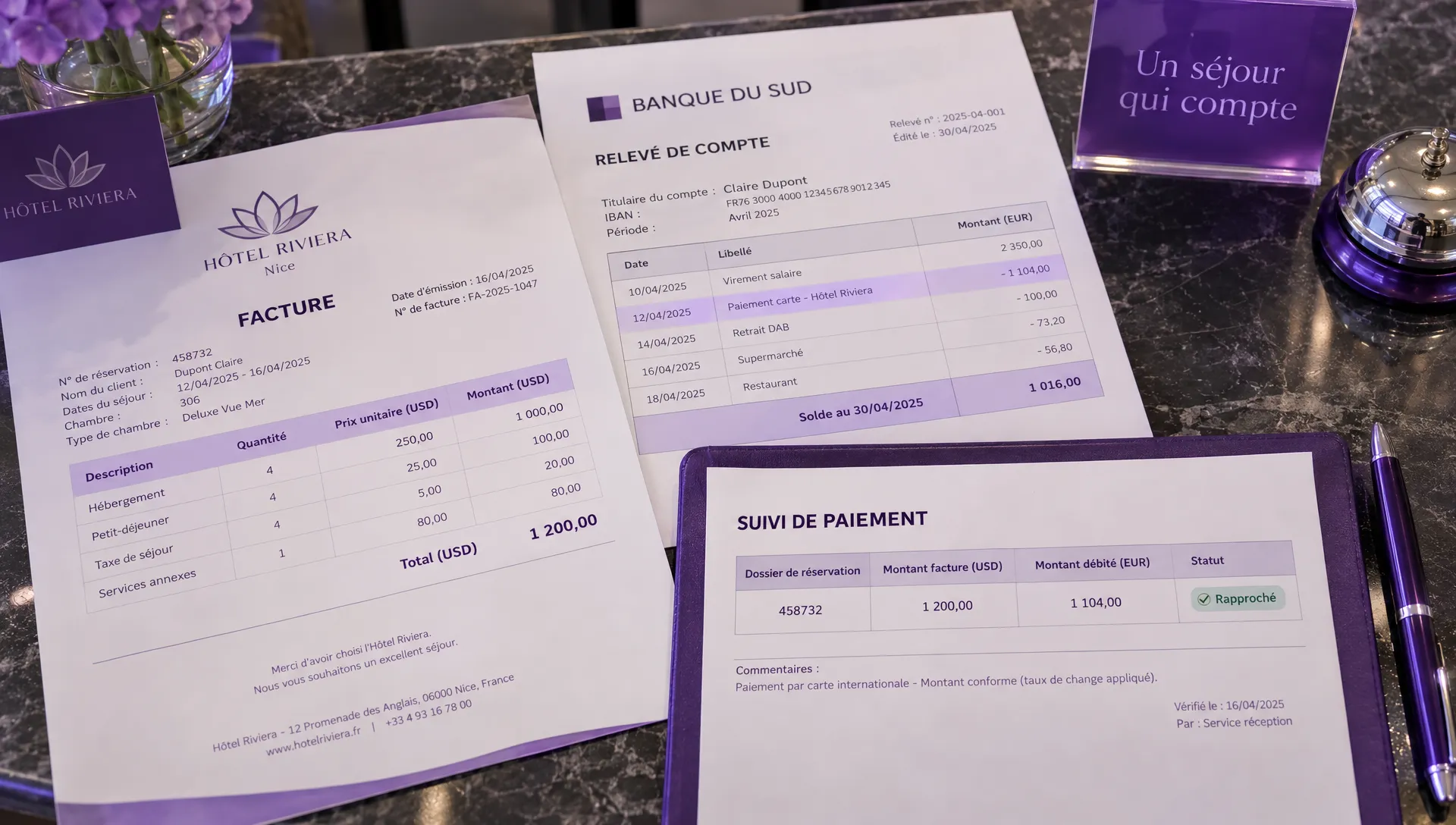 Gros plan en plongée sur une facture d’hôtel en USD et un relevé bancaire en EUR posés sur le comptoir de réception, avec une fiche de suivi de paiement reliant les deux montants au dossier de réservation.