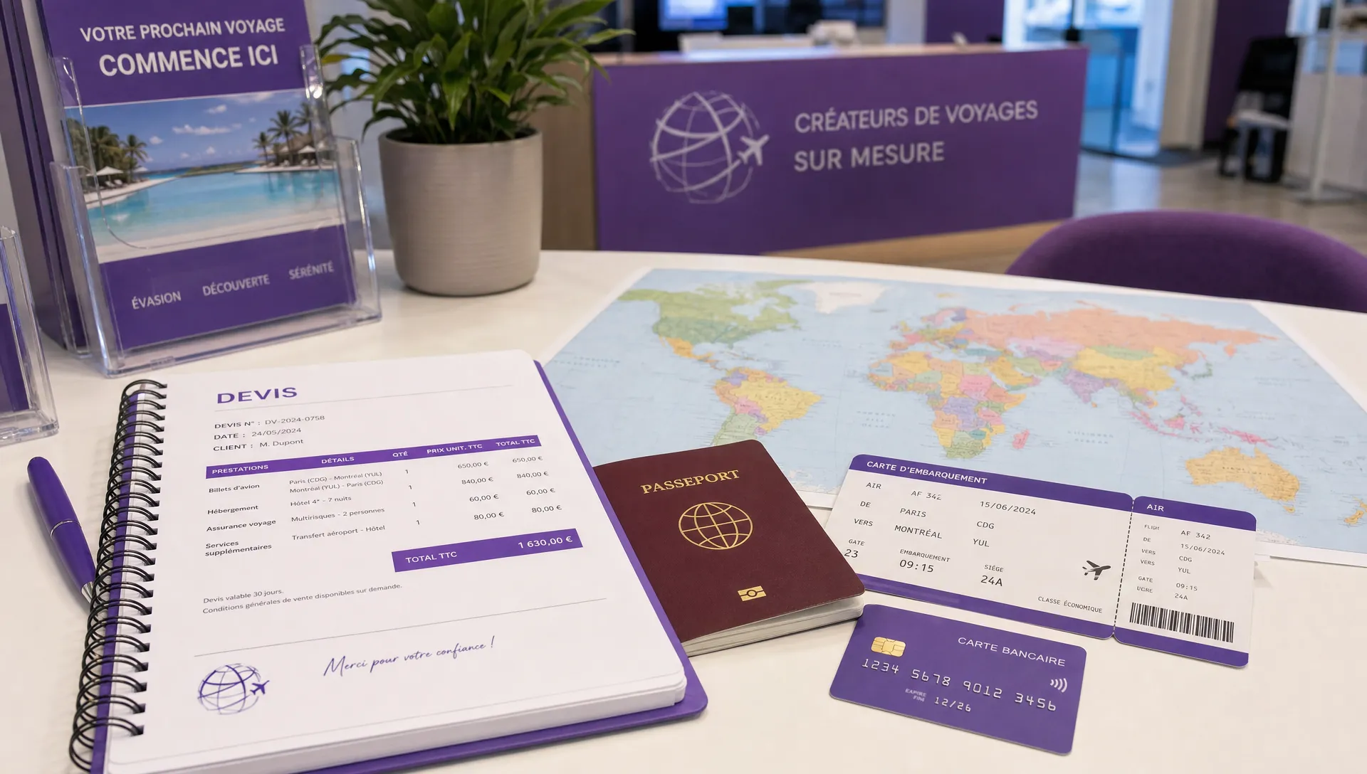 Un comptoir d’agence de voyage avec un carnet de devis, un passeport, une carte bancaire, des billets d’avion imprimés et une carte du monde, illustrant l’organisation d’une réservation client sécurisée.