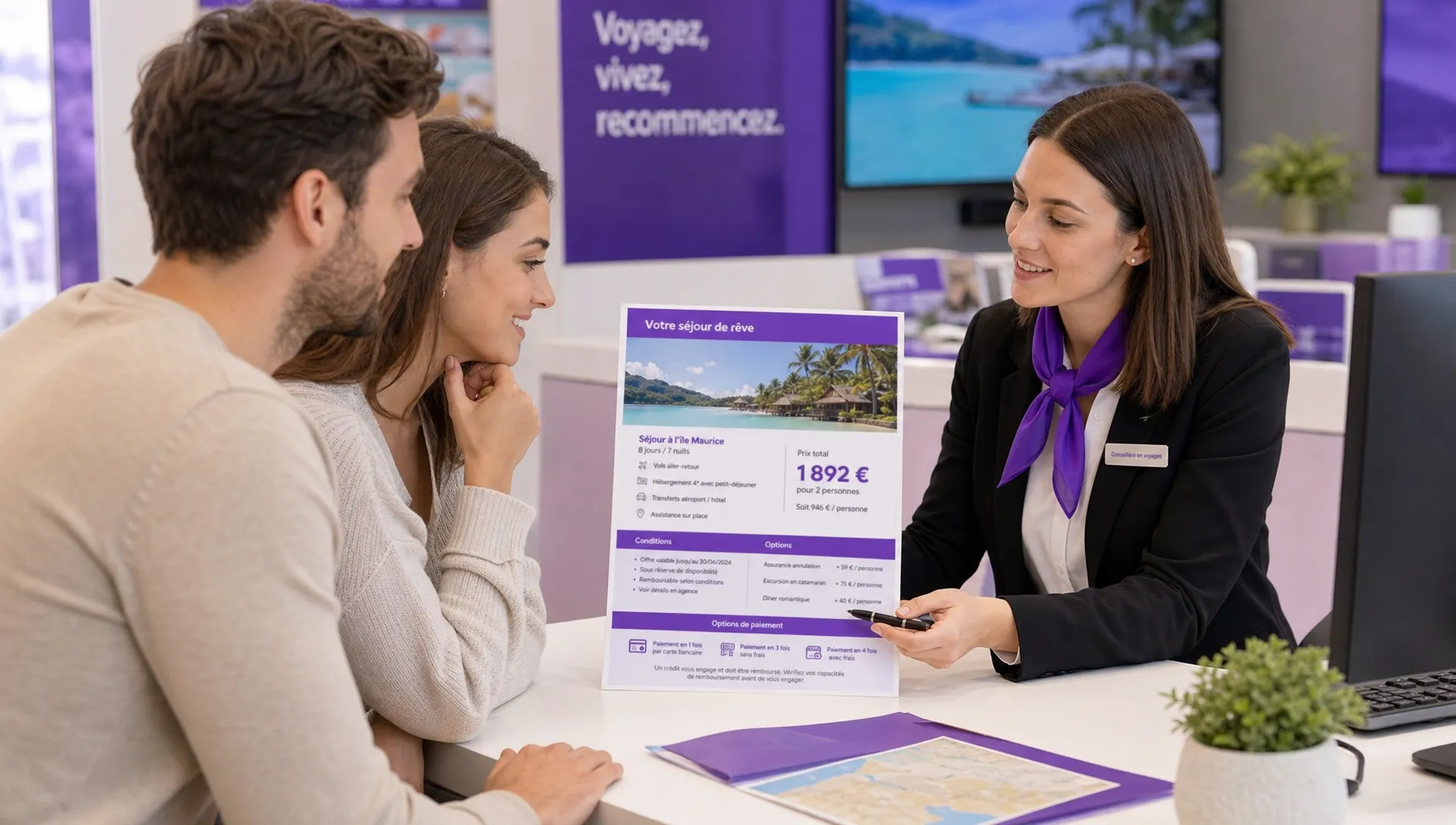 Une conseillère en agence de voyage présente une offre de vacances à un couple, avec une fiche claire montrant le prix total, les conditions et les options de paiement.