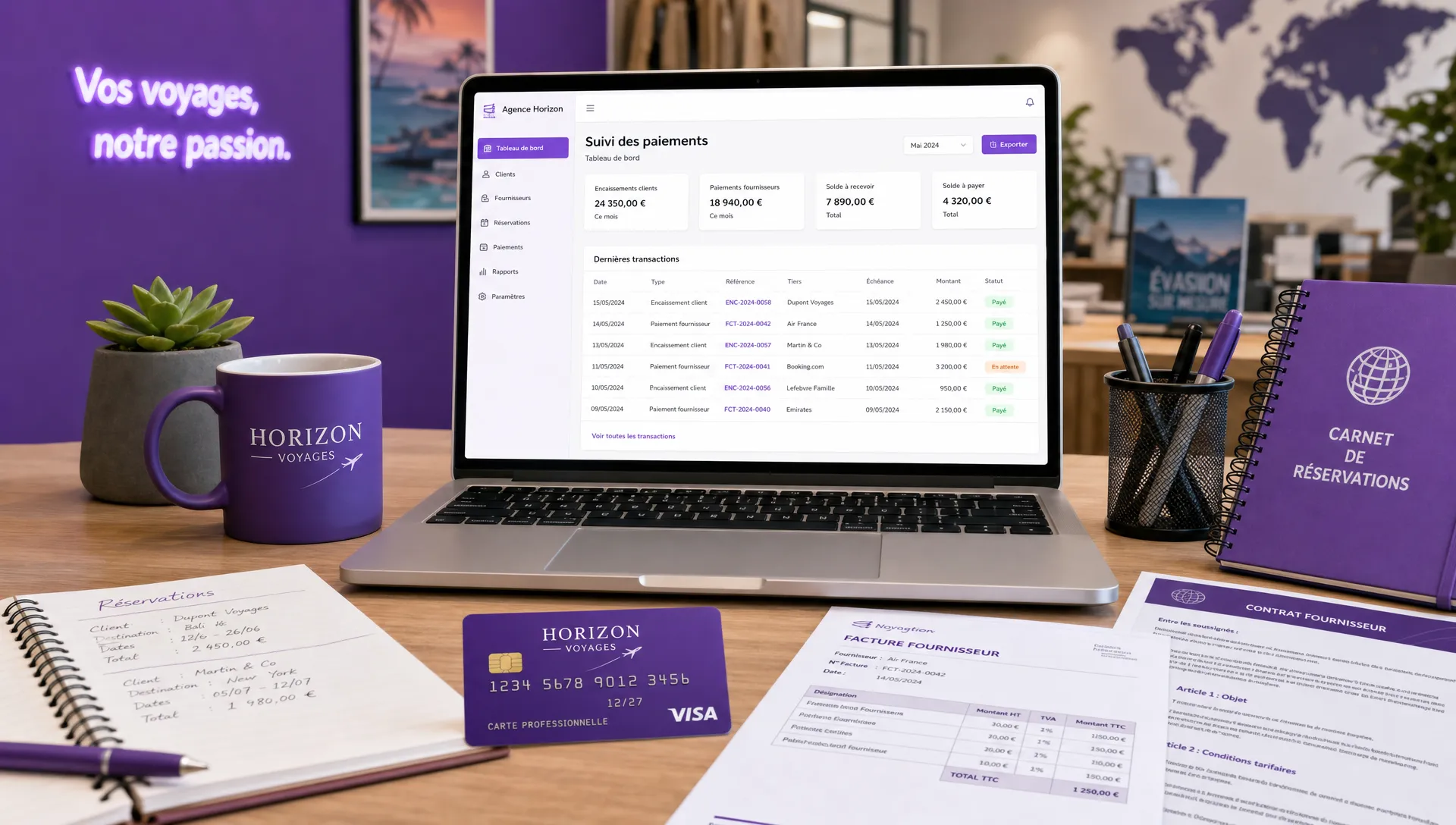 Un bureau d’agence de voyage en création avec un carnet de réservations, une carte bancaire professionnelle, des documents fournisseurs et un ordinateur affichant un tableau de suivi des paiements clients et fournisseurs, l’écran orienté vers l’utilisateur.