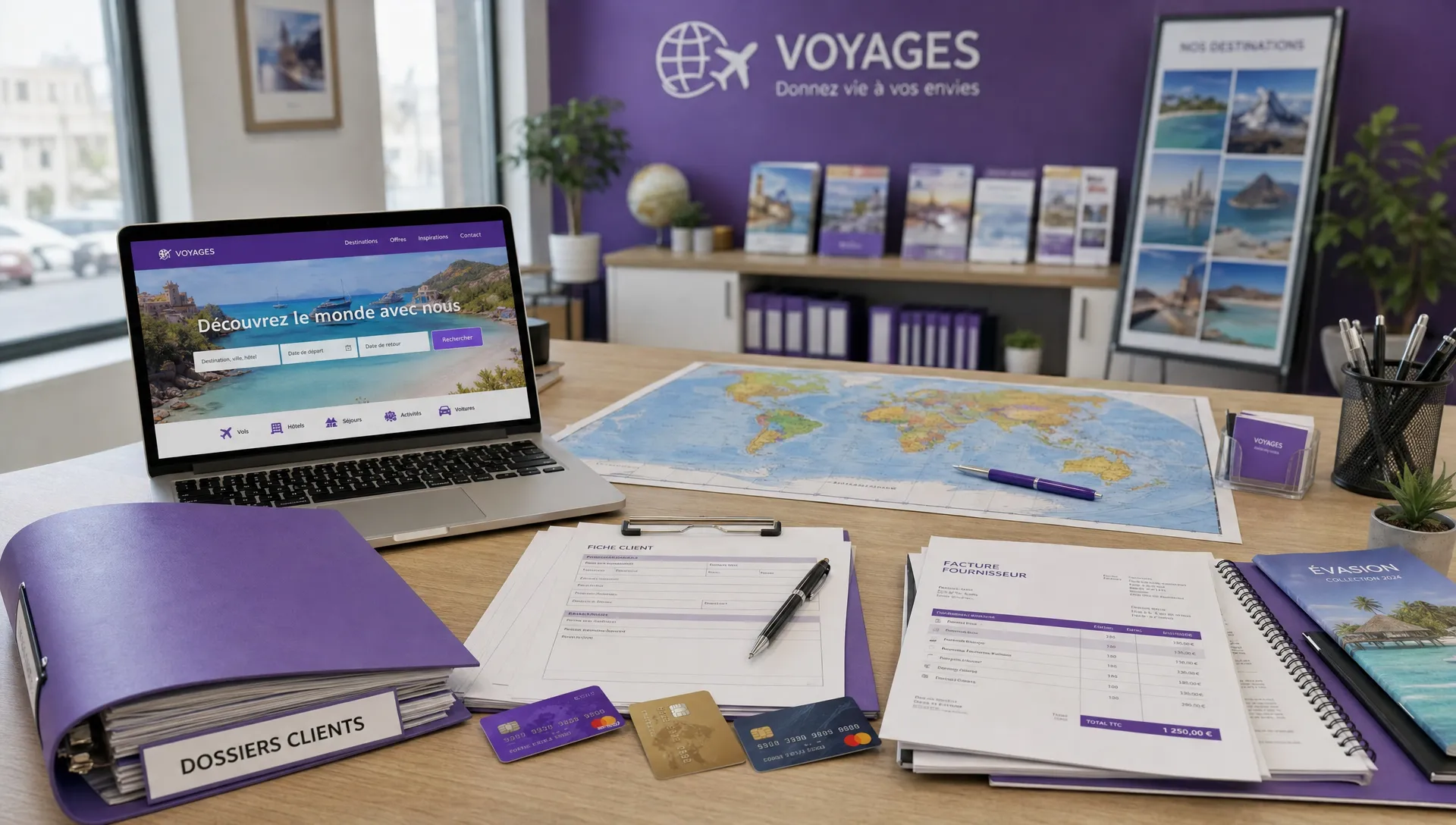 Un bureau d’agence de voyage rassemble dossiers clients, cartes de paiement, factures fournisseurs et carte du monde.