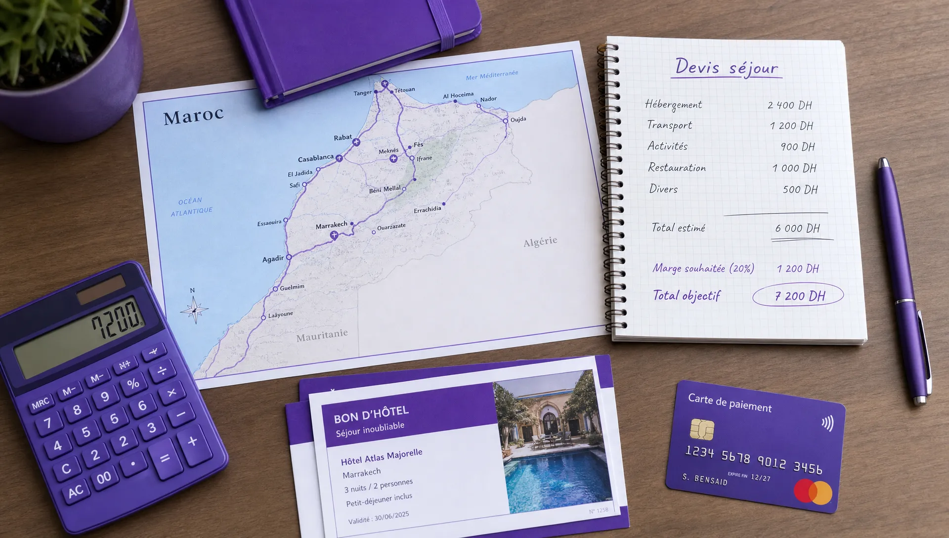 Une table de travail avec une carte du Maroc, un carnet de devis, une calculatrice, des bons d’hôtel et une carte de paiement pour préparer un séjour rentable.