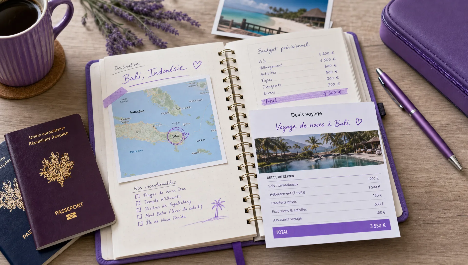 Un carnet de préparation ouvert sur un bureau montre une carte, deux passeports, des notes de budget et un devis pour un voyage lune de miel.