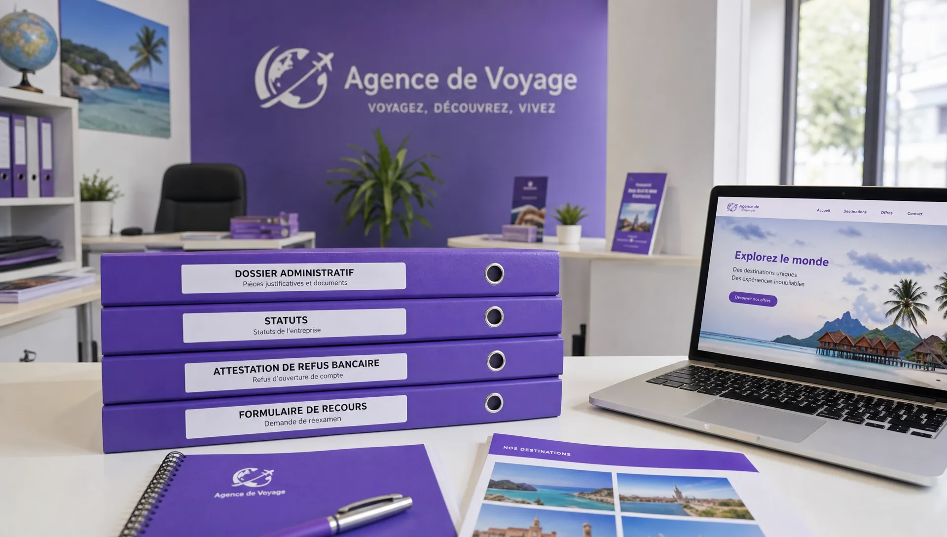Un bureau d’agence de voyage avec un dossier administratif, des statuts, une attestation de refus bancaire et un formulaire de recours soigneusement classés.