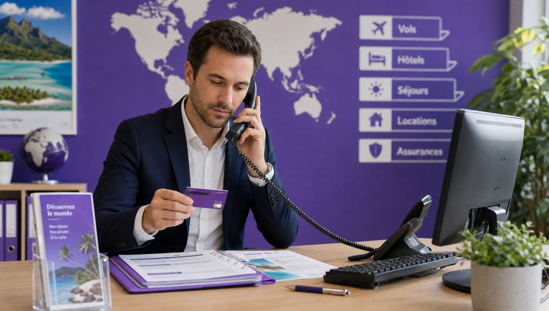 Un conseiller d’agence de voyage vérifie une réservation tout en traitant un paiement carte bancaire par téléphone avec un dossier client ouvert.