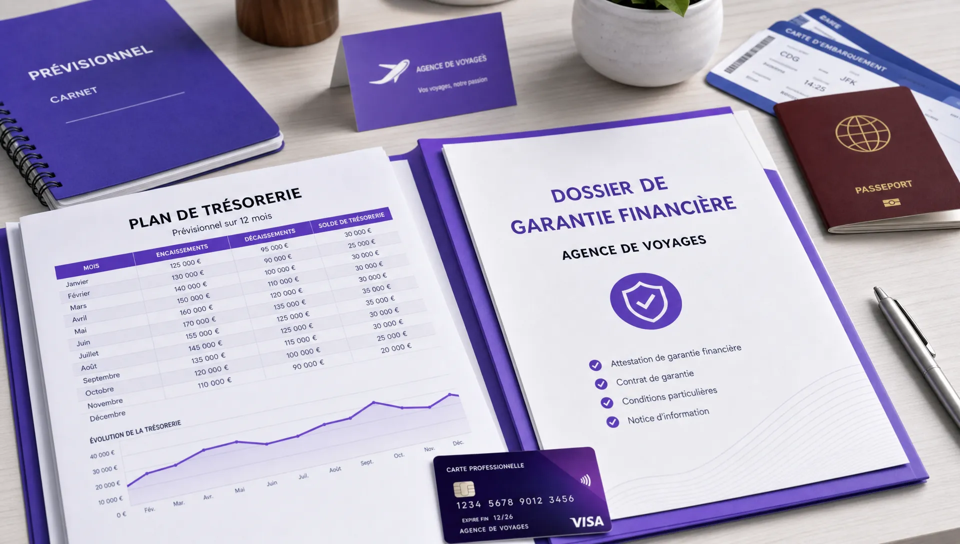 Un plan de trésorerie et un dossier de garantie financière sur un bureau d’agence de voyage, avec un carnet de prévisionnel, une carte bancaire professionnelle, des billets d’avion et un passeport.