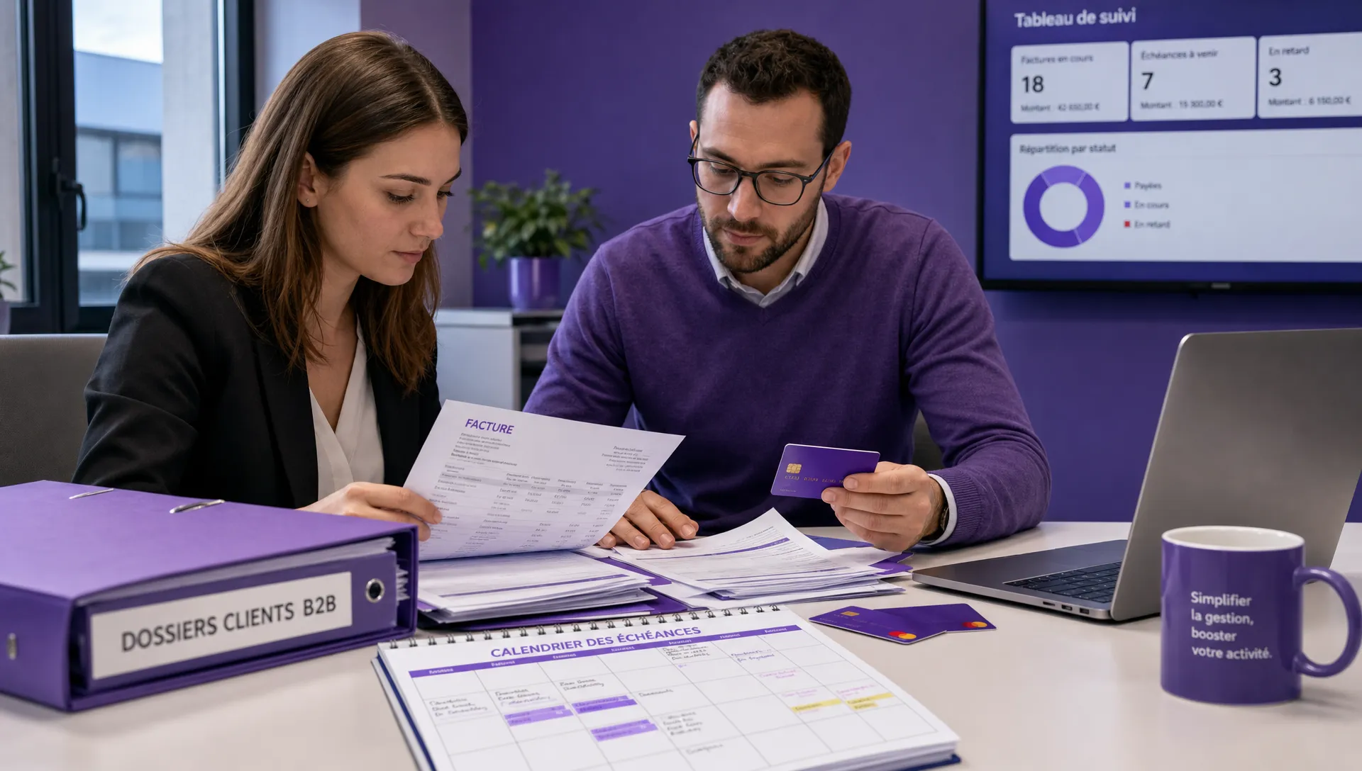 Des conseillers d’agence classent des factures, des cartes de paiement et un calendrier d’échéances autour de dossiers clients B2B.