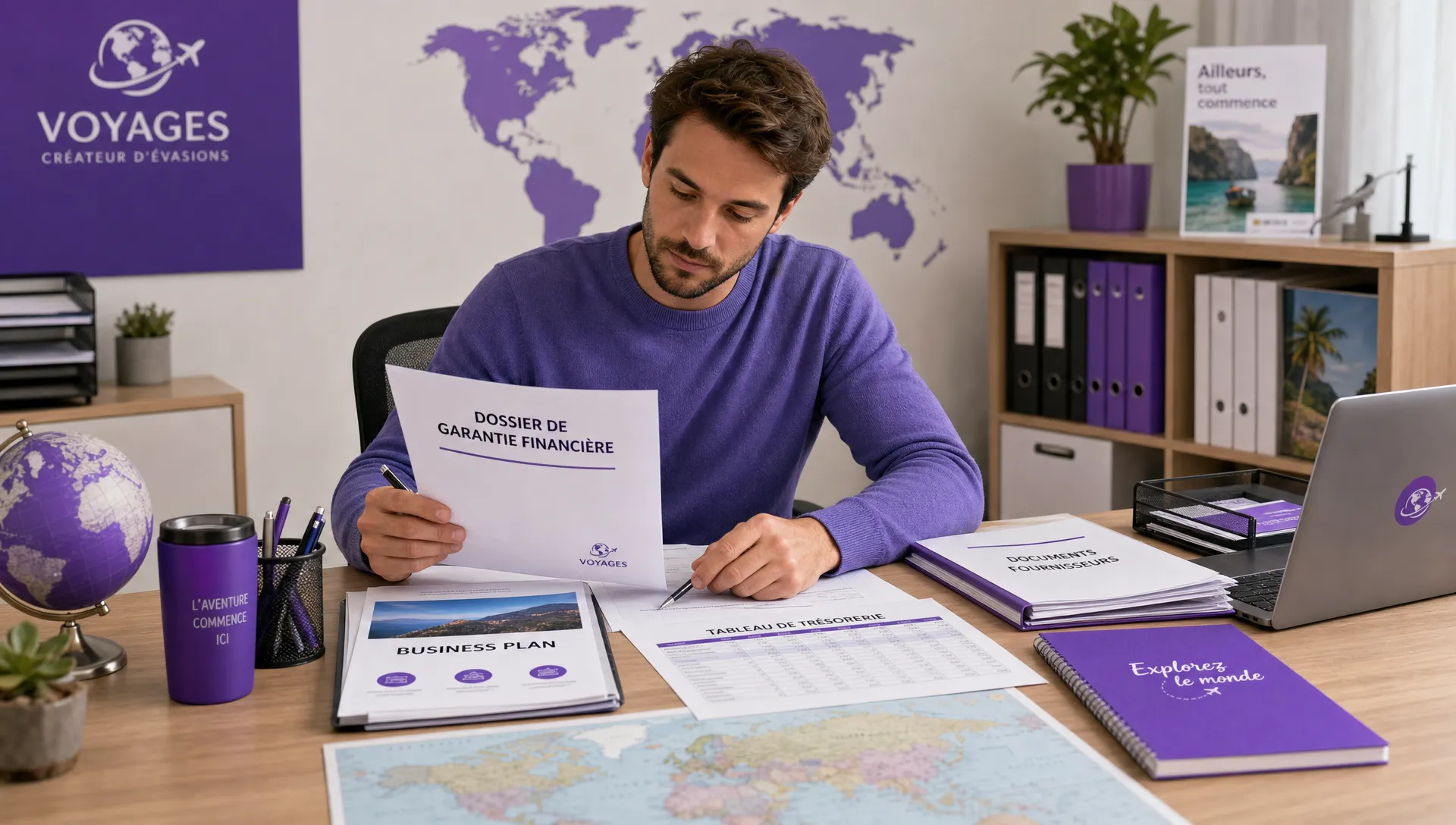 Un fondateur d’agence de voyage prépare un dossier de garantie financière avec un business plan, un tableau de trésorerie imprimé, des documents fournisseurs et une carte du monde sur un bureau organisé, vu de trois quarts dans un bureau administratif.