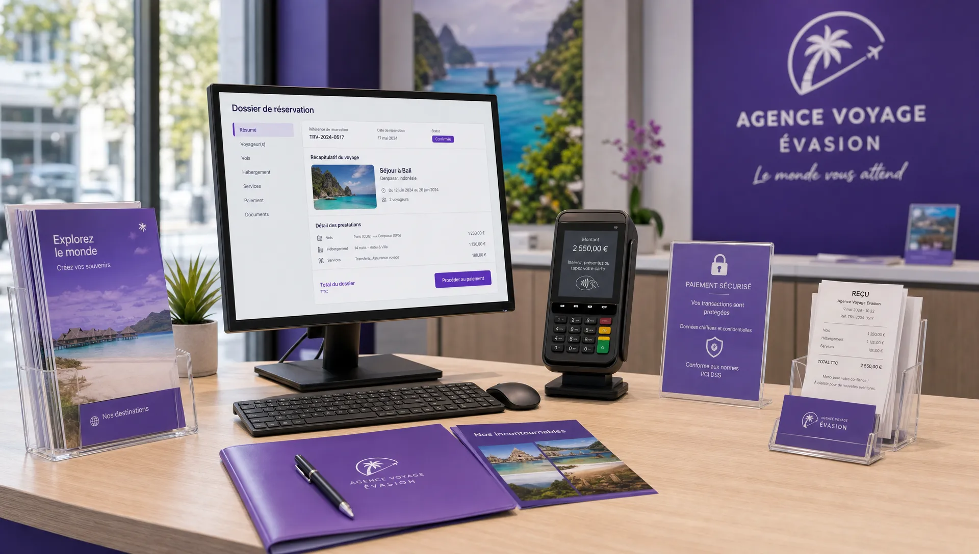 Un comptoir d’agence de voyage avec un terminal de paiement, un ordinateur orienté vers l’agent affichant un dossier de réservation, des brochures de voyage et des reçus organisés, illustrant un setup d’encaissement sécurisé et structuré.