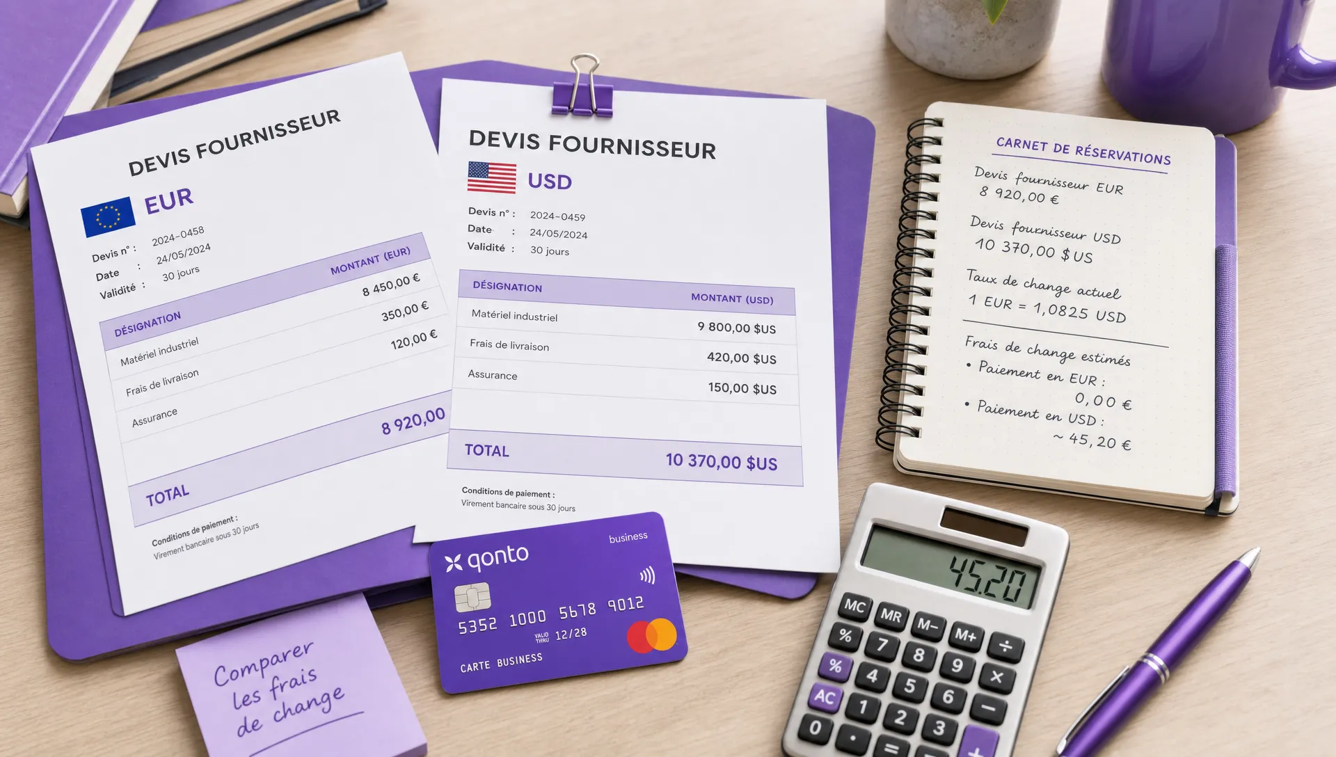 Une carte bancaire professionnelle, des devis fournisseurs en euros et en dollars, un carnet de réservations et une calculatrice illustrent la comparaison des frais de change.