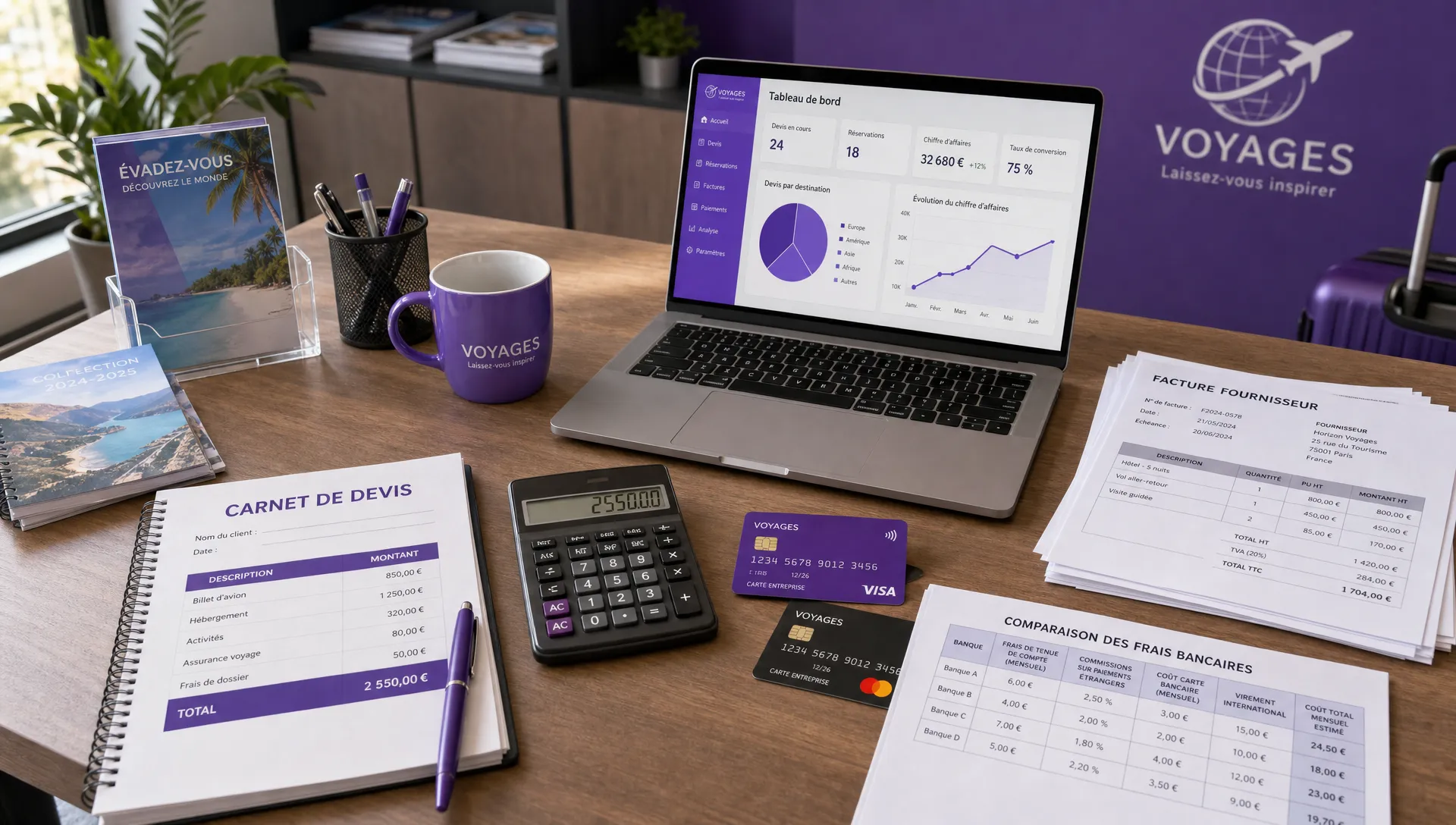 Un bureau d’agence de voyage avec un carnet de devis, une calculatrice, des cartes de paiement, des factures fournisseurs et un tableau de comparaison des frais bancaires, vu en légère plongée, posé à côté d’un ordinateur portable ouvert dans le bon sens.