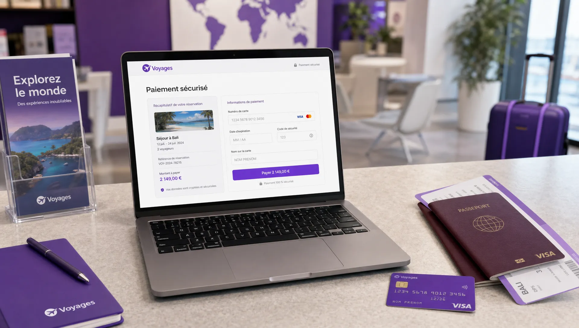 Un comptoir d’agence de voyage vu en légère plongée avec un ordinateur portable orienté vers la caméra, une carte bancaire, des passeports et des documents de voyage rangés à côté, l’écran affichant une page de paiement sécurisée dans le bon sens.