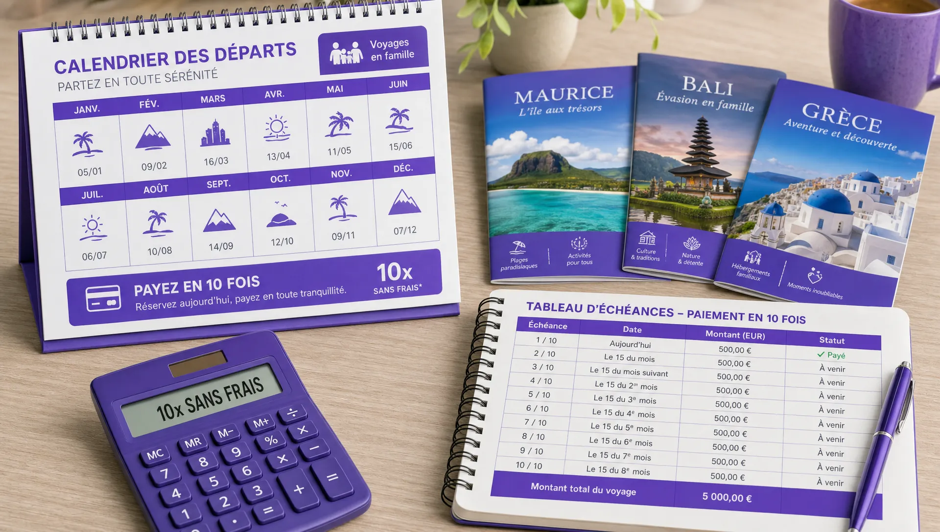 Un calendrier de départs, des brochures de destinations, une calculatrice et un tableau d’échéances mensuelles montrent le paiement en 10 fois pour des voyages familiaux.