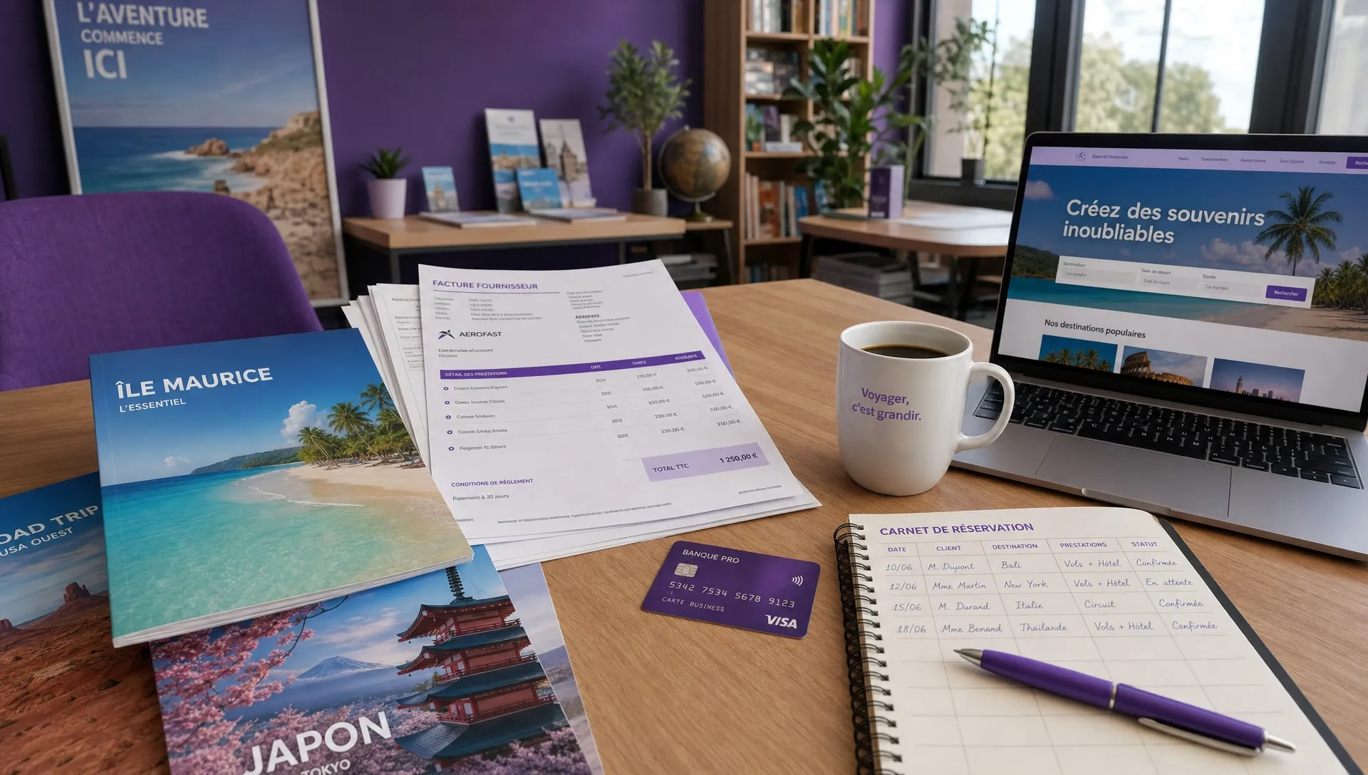 Un bureau d’agence de voyage indépendant avec des brochures de destinations, des factures fournisseurs, une carte bancaire professionnelle et un carnet de réservation ouverts autour d’une tasse de café.