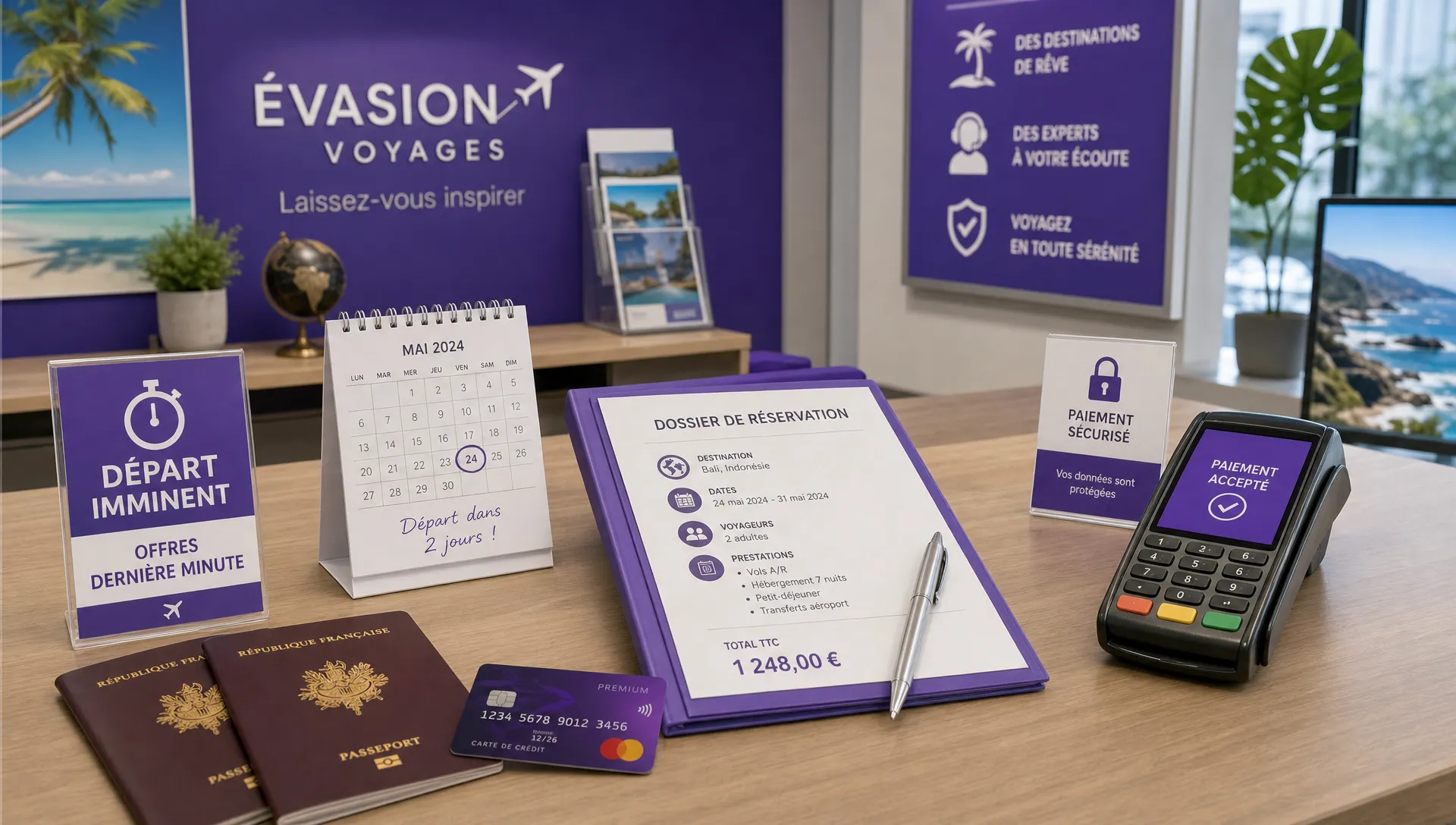 Un comptoir d'agence de voyage avec un dossier de réservation, des passeports, une carte bancaire, un calendrier indiquant un départ imminent et un terminal de paiement, illustrant l'encaissement sécurisé d'un voyage dernière minute.