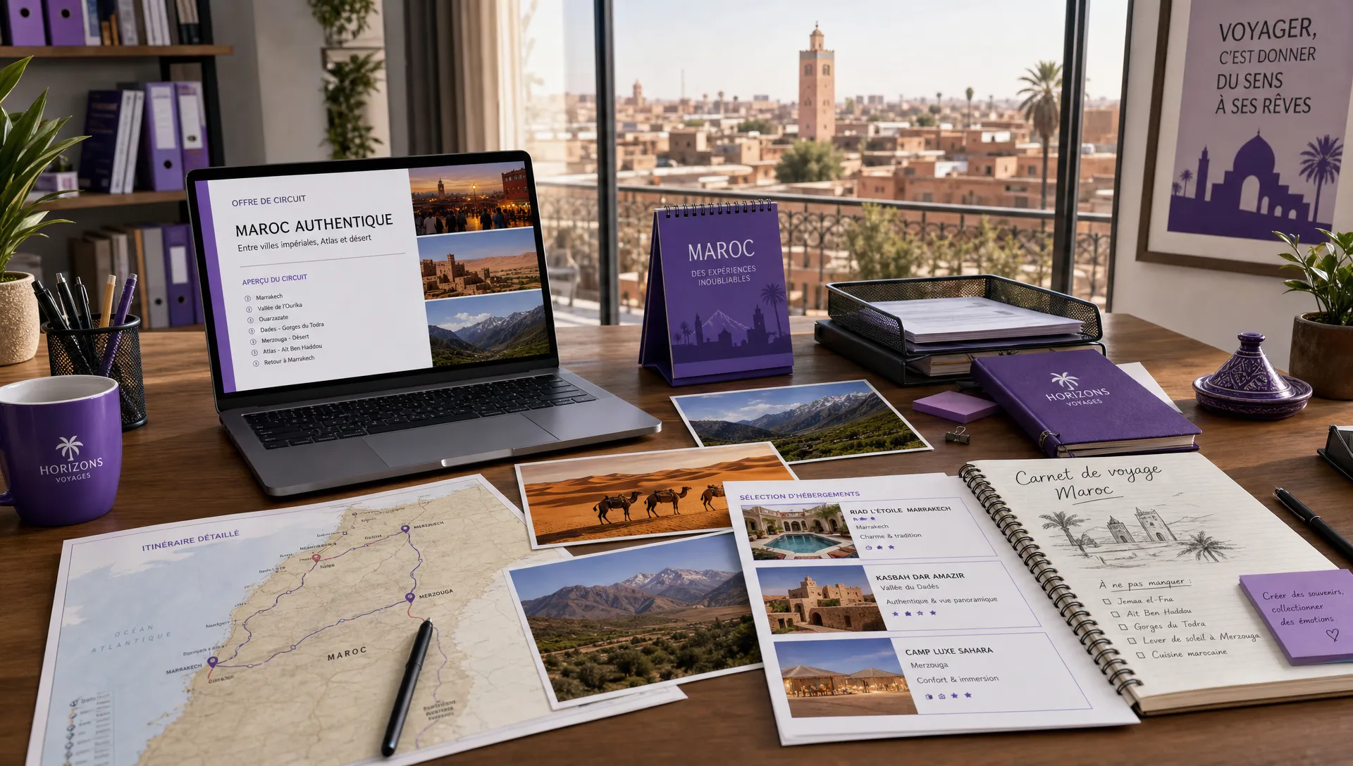 Une agence de voyage prépare une offre de circuit au Maroc avec une carte, des fiches d'hébergements, un carnet de voyage et des visuels de Marrakech, de l'Atlas et du désert posés sur une table de travail, dans un bureau lumineux avec vue sur une médina.