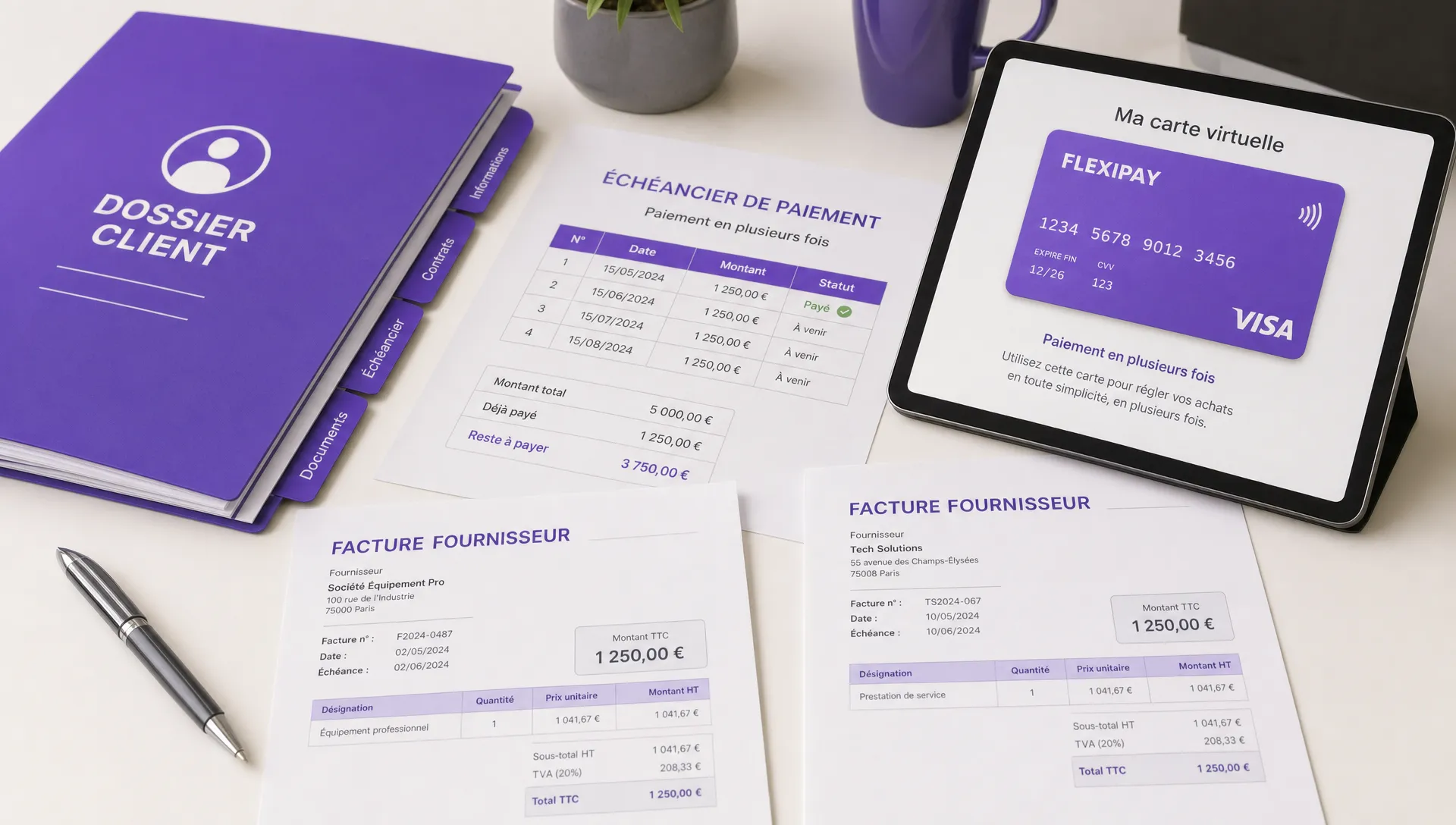 Un dossier client, un échéancier imprimé, une carte virtuelle sur tablette et des factures fournisseurs montrent un paiement en plusieurs fois.