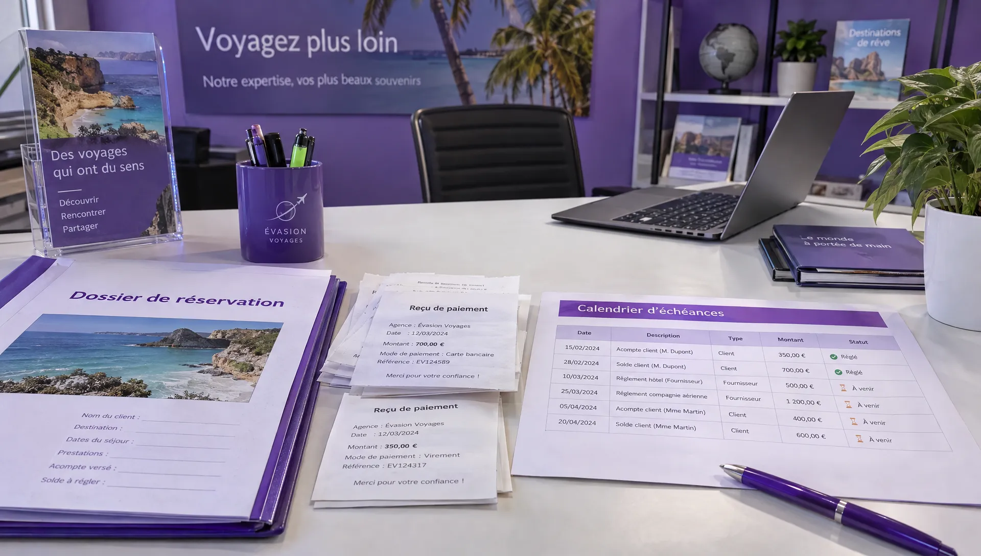 Un dossier de réservation, des reçus de paiement et un calendrier d’échéances sont réunis sur le bureau d’une agence de voyages pour suivre acomptes clients et règlements fournisseurs.