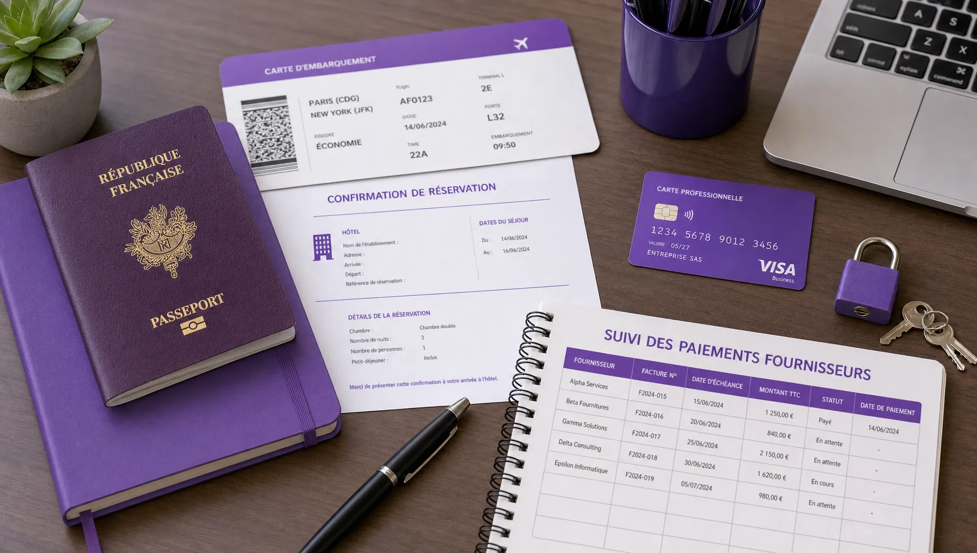 Un bureau de travail montre un passeport, des documents de réservation, une carte bancaire professionnelle, un cadenas et un carnet de suivi des paiements fournisseurs.