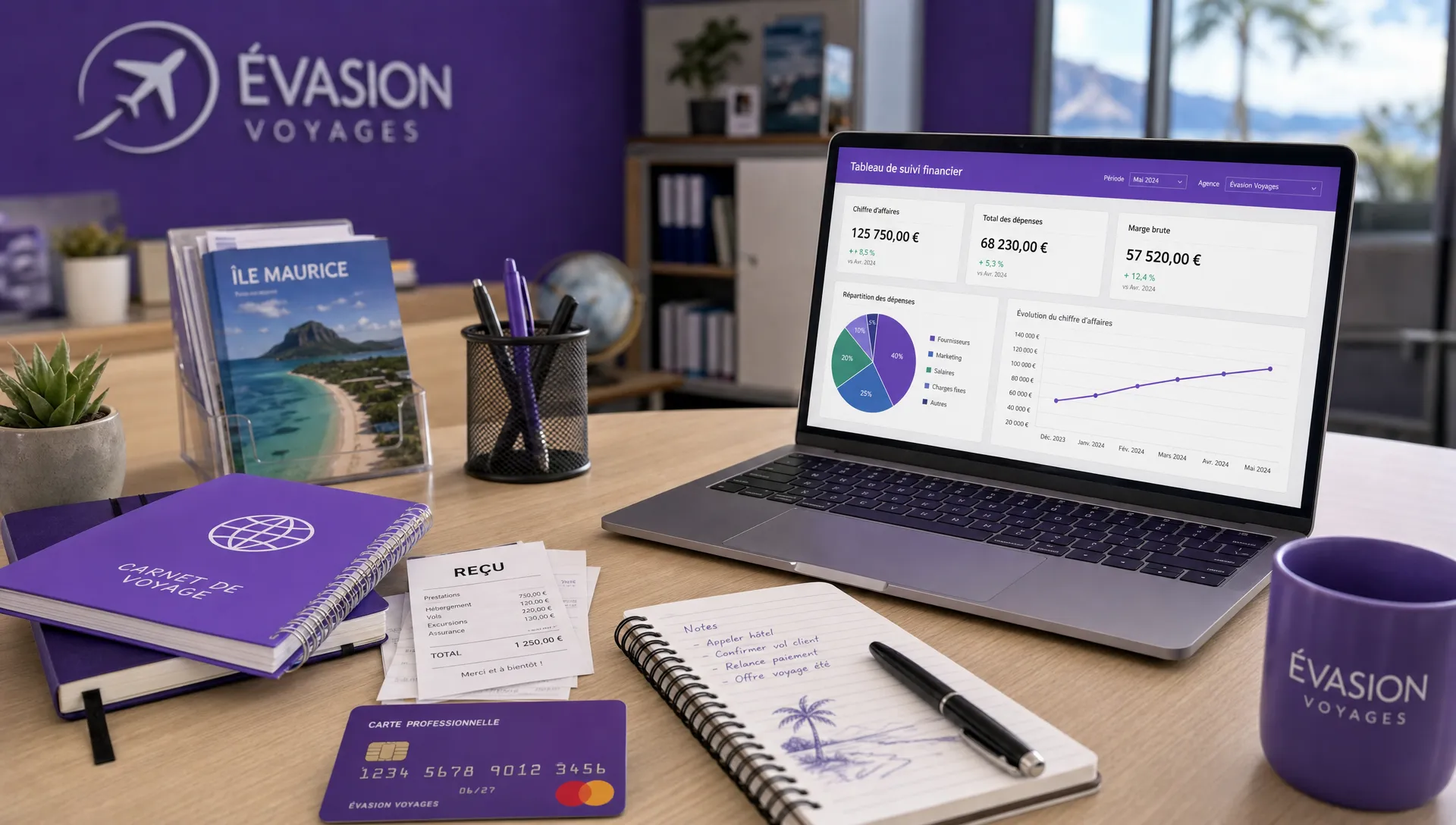 Un bureau d’agence de voyage réunit des carnets, des reçus, une carte bancaire professionnelle et un ordinateur portable avec un tableau de suivi financier.