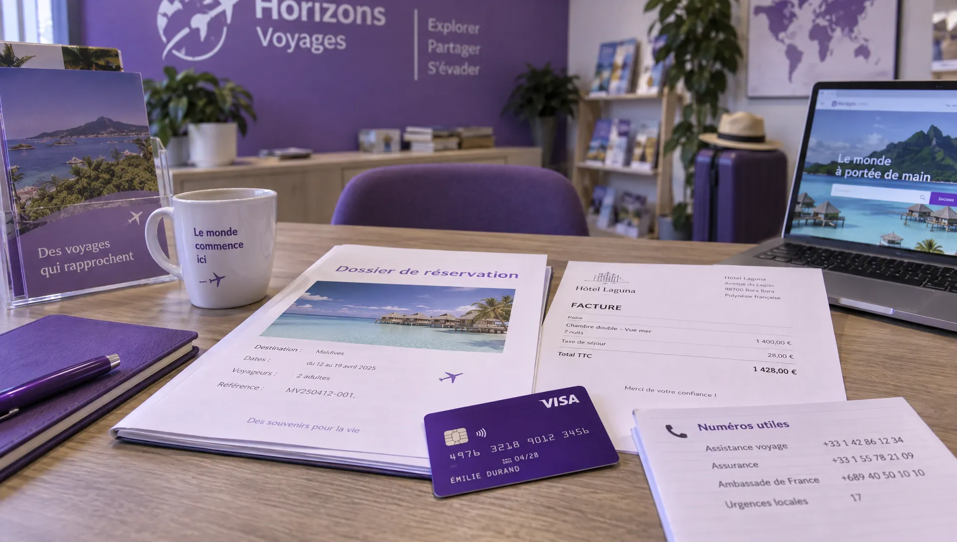Dans une petite agence de voyages, une carte de paiement repose près d’un dossier de réservation, d’une facture d’hôtel et des coordonnées utiles pour gérer une urgence.