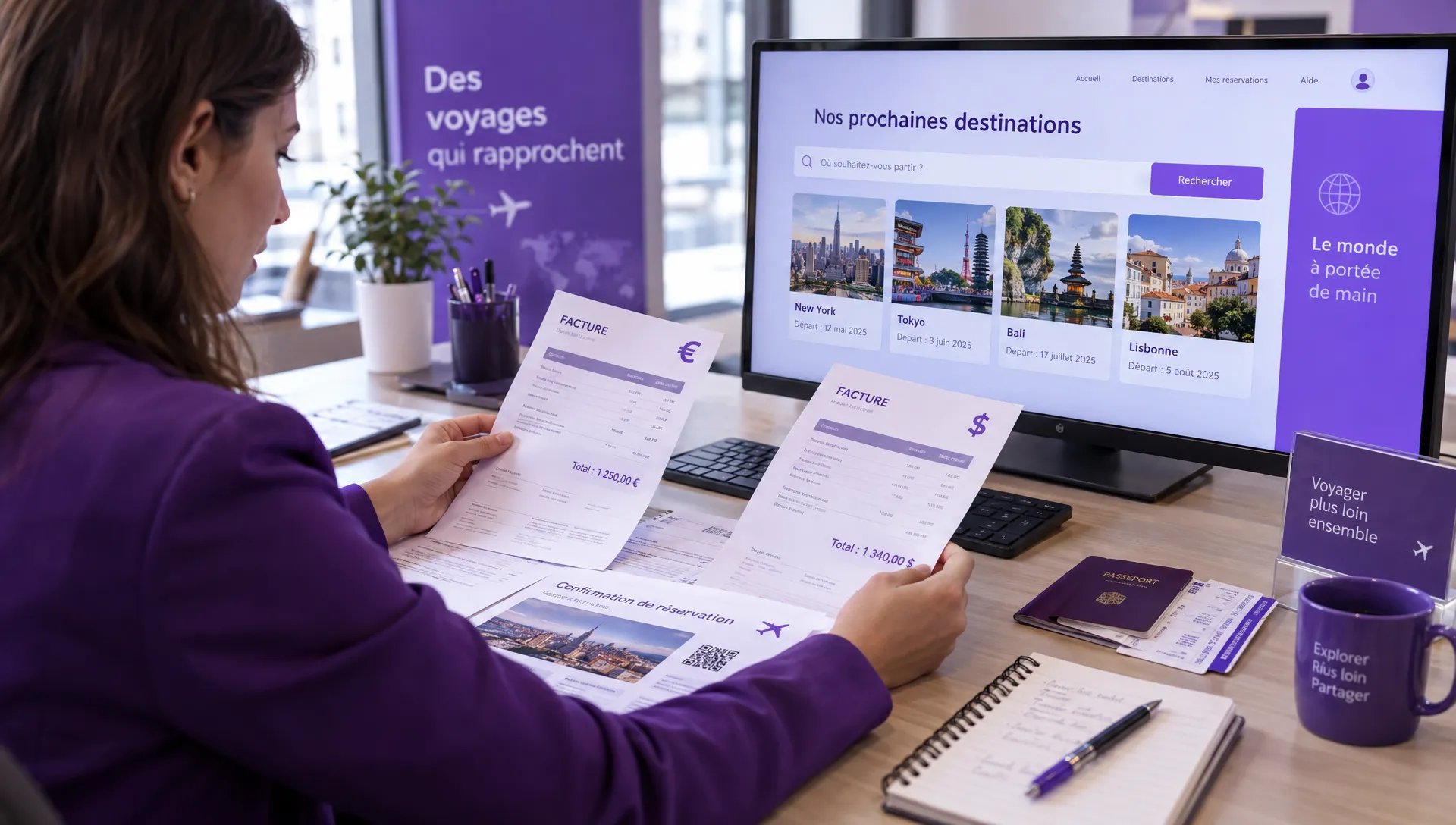 Une agente de voyages rapproche des factures en euros et en dollars avec des justificatifs de réservation et les dates de départ sur un écran d’ordinateur.